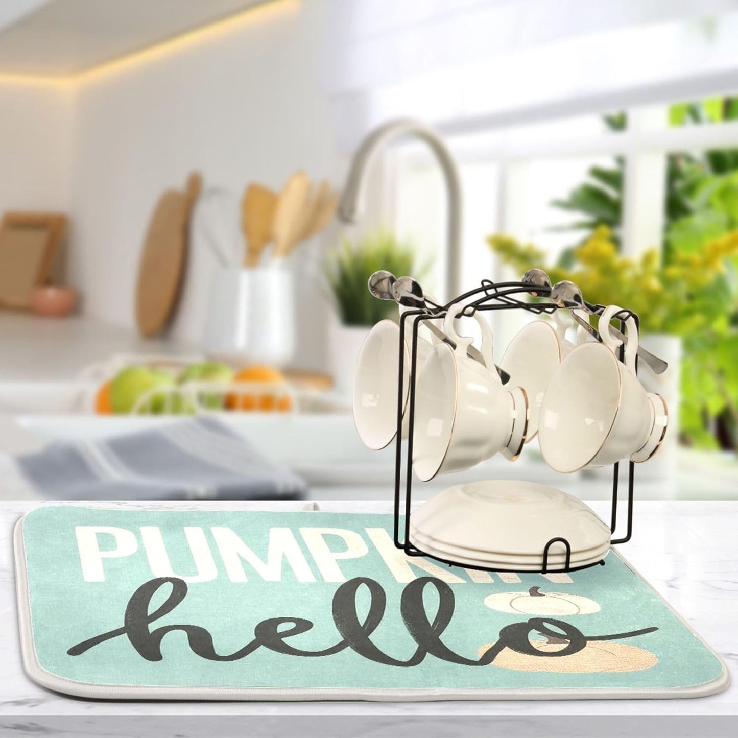 Hello Pumpkin Turquoise Fall Dish Drying Mat for Kitchen Countertop 16x18 Aqua Teal Autumn Small Drying Mat Reusable Quick Dry Dish Sink Mats Easy Clean Decorative Essentials