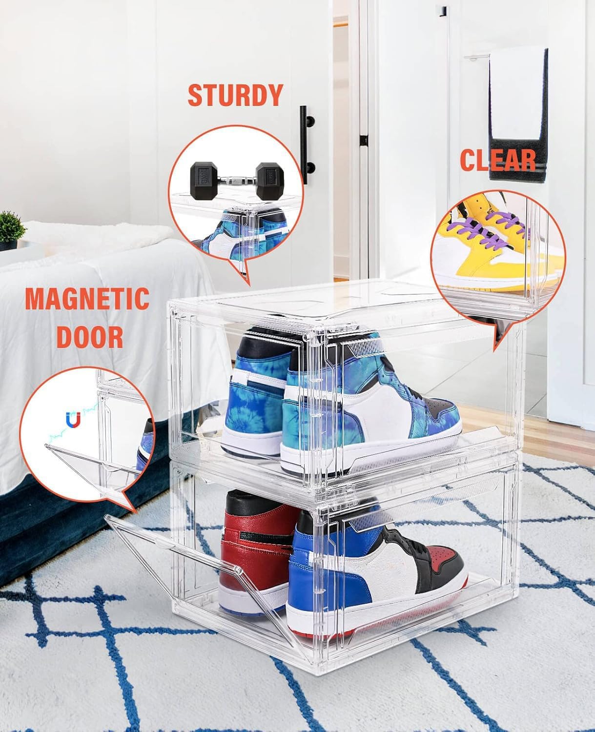 KDOR Shoe Boxes Clear Plastic Stackable 3 Pack Shoe Storage for Sneakerheads, Shoe Display Case Magnetic Door, Strong and Block of UV Protect your Shoes