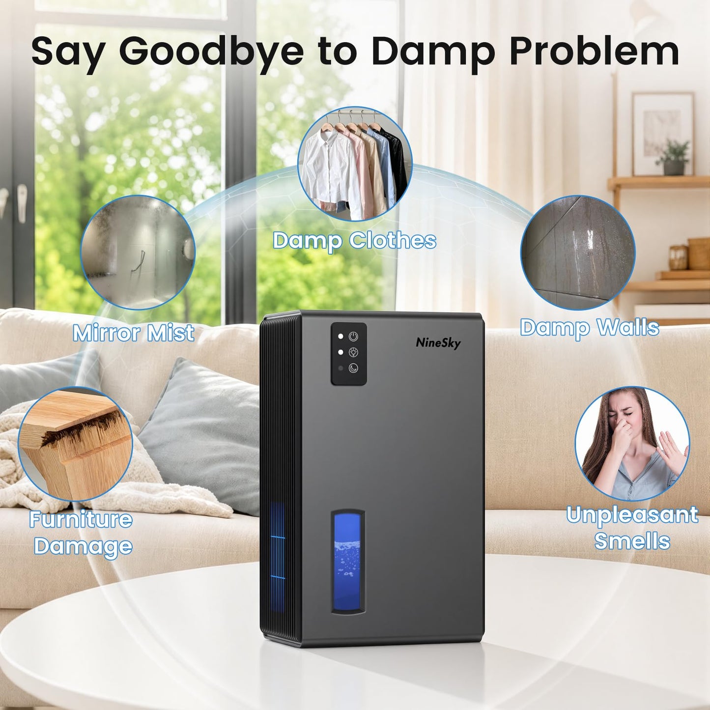 NineSky Dehumidifiers for Home, 1000 Sq.Ft Dehumidifier with 95oz Water Tank, Quiet Dehumidifier