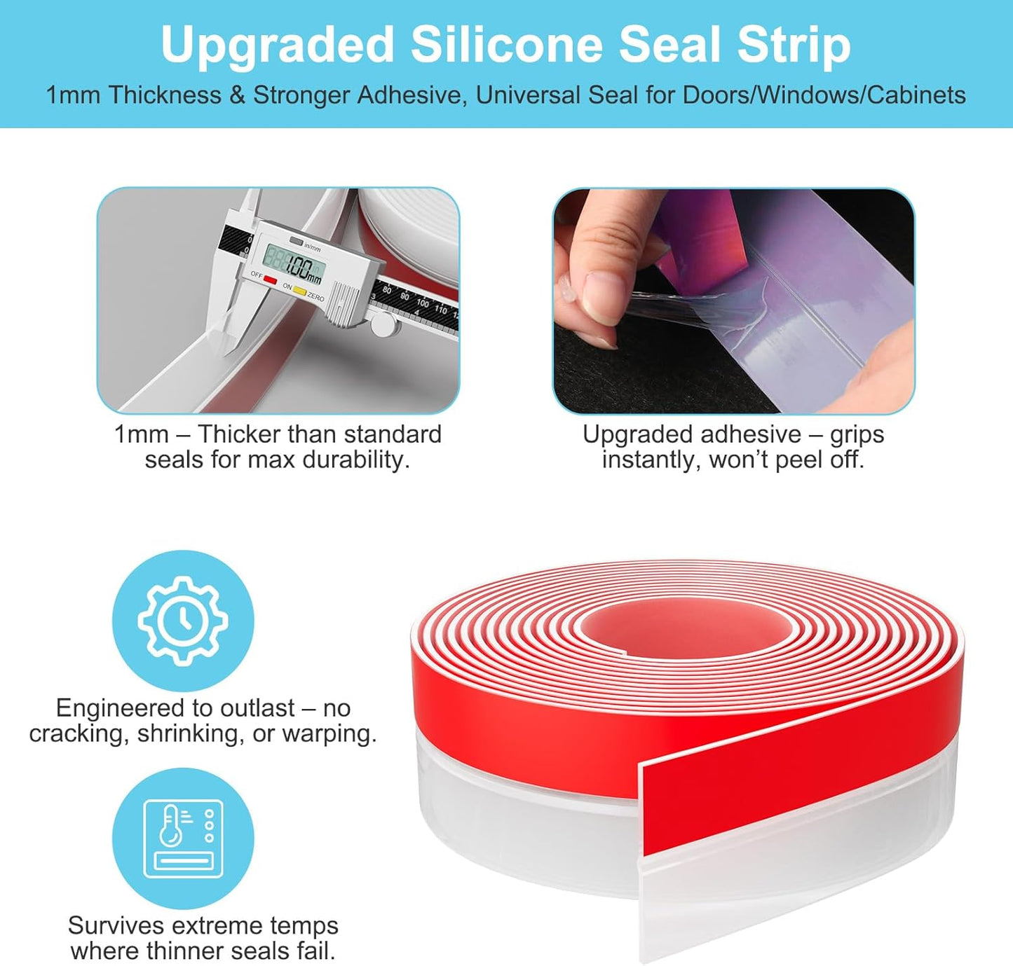 Heavy-Duty 20 ft x 1 in Weather Stripping, Door Draft Stopper Silicone Seal Strip for House and Glass Shower Doors for Collision and Side Gaps of Door and Windows, Clear