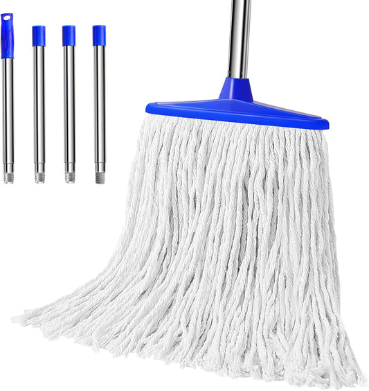 Indoor Cotton Mops for Floor Cleaning - Indoor Cleaning Mop for Wood Floors, Tile, Hardwood Floor, 52" Adjustable Stainless Steel Handle Mops to Clean Living Room, Kitchen,Bathroom. (White Blue)