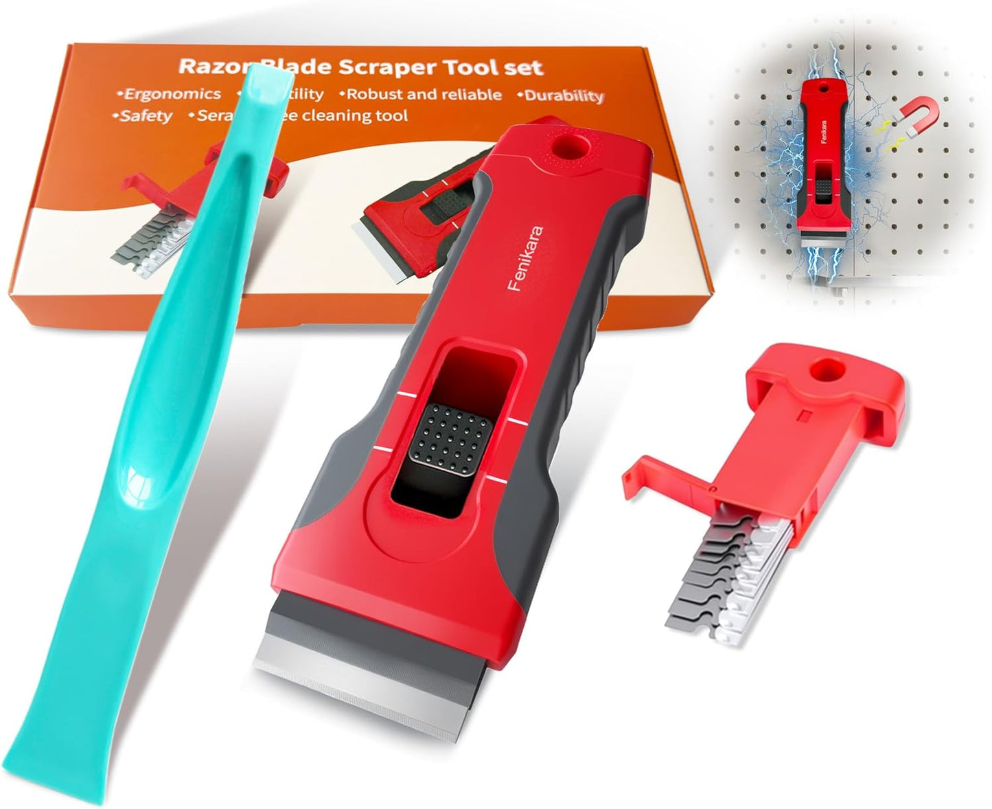 Upgraded Extractable & Magnetic Razor Blade Scraper Tool, 2 Pack Razor Scraper Set with 10 Extra Blades, Scraper tool with Buit-In Blade Storage, Cleaning Scraper Tool, Cooktop, Paint, Glass Scraper