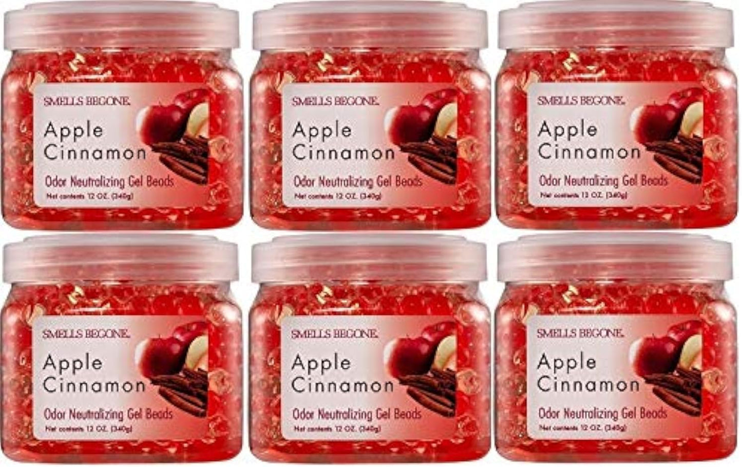 SMELLS BEGONE Odor Eliminator Gel Beads - 12 oz, Pack of 6 - Eliminates Odor in Bathrooms, Cars, Boats, RVs & Pet Areas - Air Freshener - Made with Essential Oils - Apple Cinnamon Scent