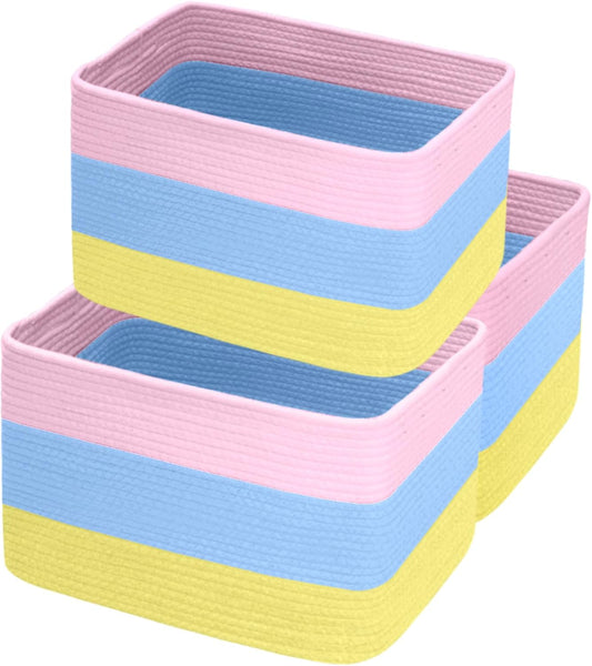 Hopegiver Woven Storage Baskets 15x11x10 Inch, 3 Pack Collapsible Cube Storage Bin for Shelves - Foldable Cotton Rope Organizer Bins for Towels, Toys, Books, Closet, Nursery (Pink Blue Yellow)