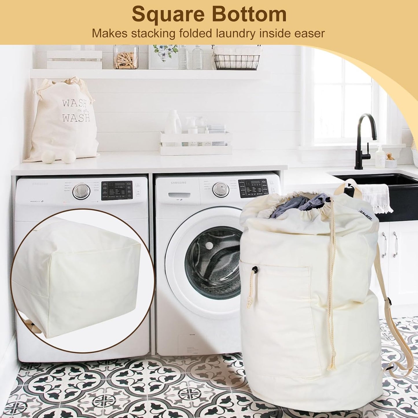 Laundry Bag Backpack, Canvas Laundry Bag with Straps & Drawstring Closure Washable Dirty Cloth Hamper Bag with Large Front Pocket for College, Travel, Laundromat, Camping (Beige)