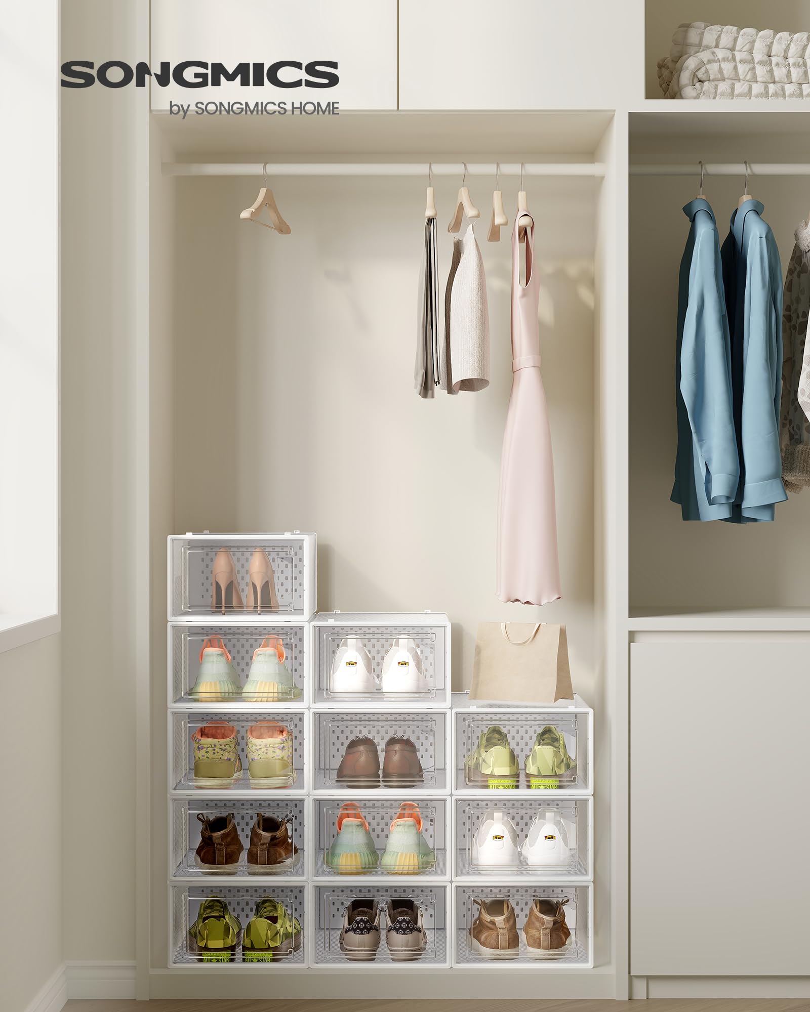 SONGMICS Shoe Boxes, Pack of 12 Shoe Storage Organizers, Stackable Clear Plastic Boxes for Closet