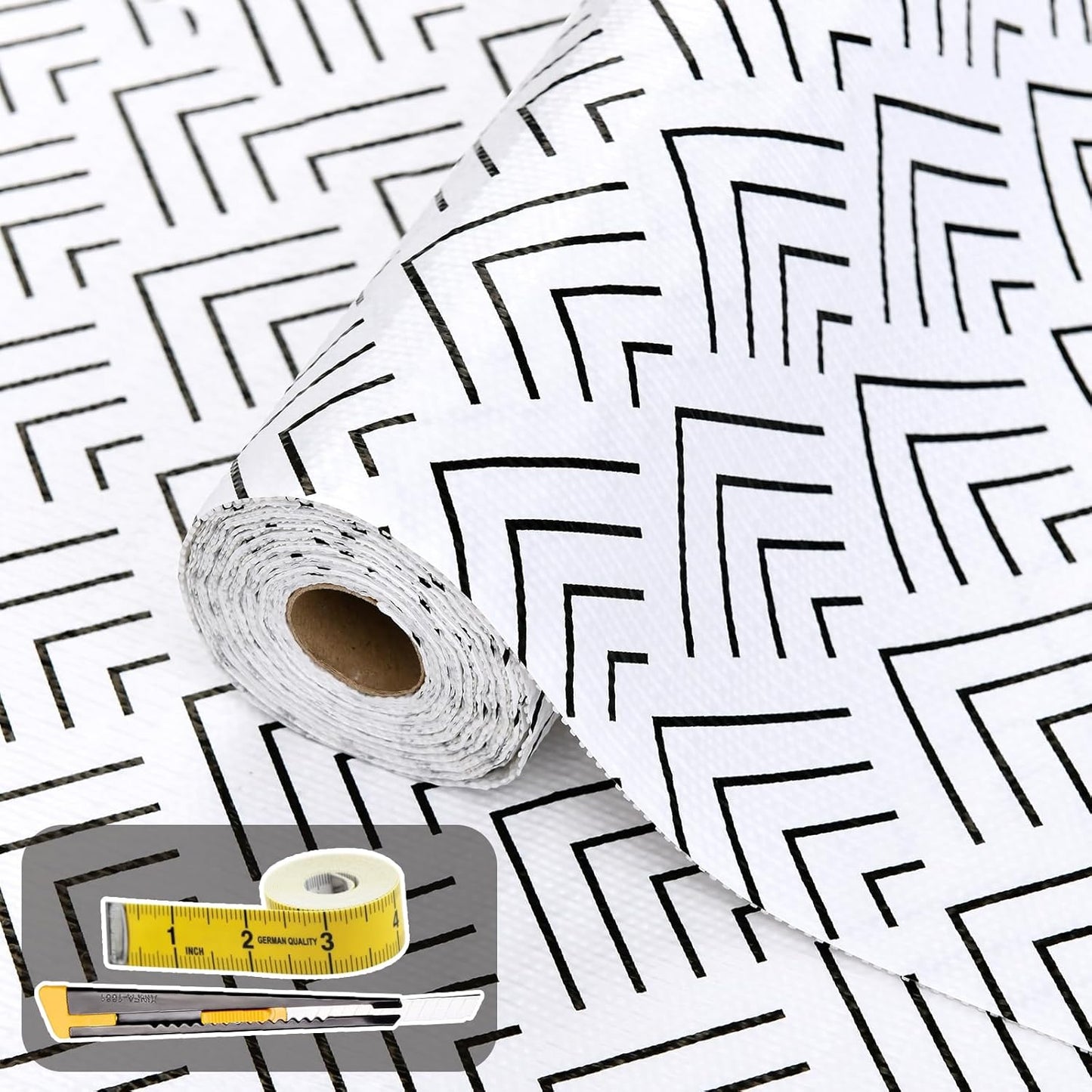 Shelf Liner for Kitchen Cabinets Non Adhesive Drawer Liner Non-Slip Thickened Shelf Liner Paper Strong Easy to Clean for Tool Box Refrigerator with Knife and Tape Measure, Black Arrow, 17.3 x 354.3 IN