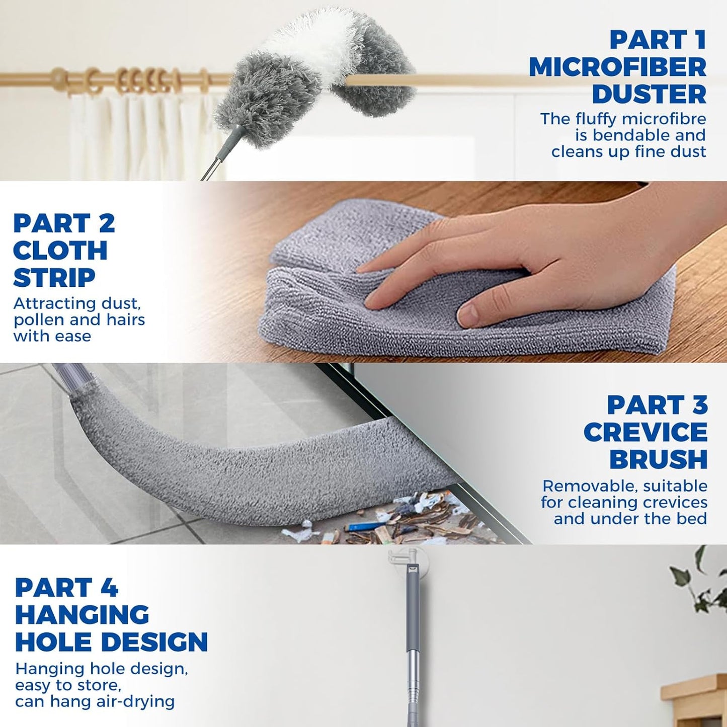 4 Pcs Dusters for Cleaning, 2 in 1 Microfiber Dusters and Retractable Gap Dust Cleaner with 1 Microfiber Dusting Cloths Long Handle 30-100 Inches Extension Pole for Ceiling Fan Cleaning Supplies