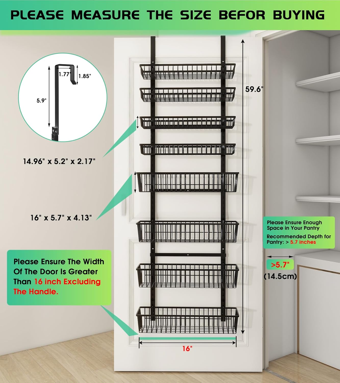 Over The Door Pantry Organizer, Pantry Organization and Storage, 8-Tier Deep Baskets Hanging Heavy-Duty Metal, Wall Spice Rack Seasoning Shelves for Home & Kitchen, Laundry Room Bathroom, Black