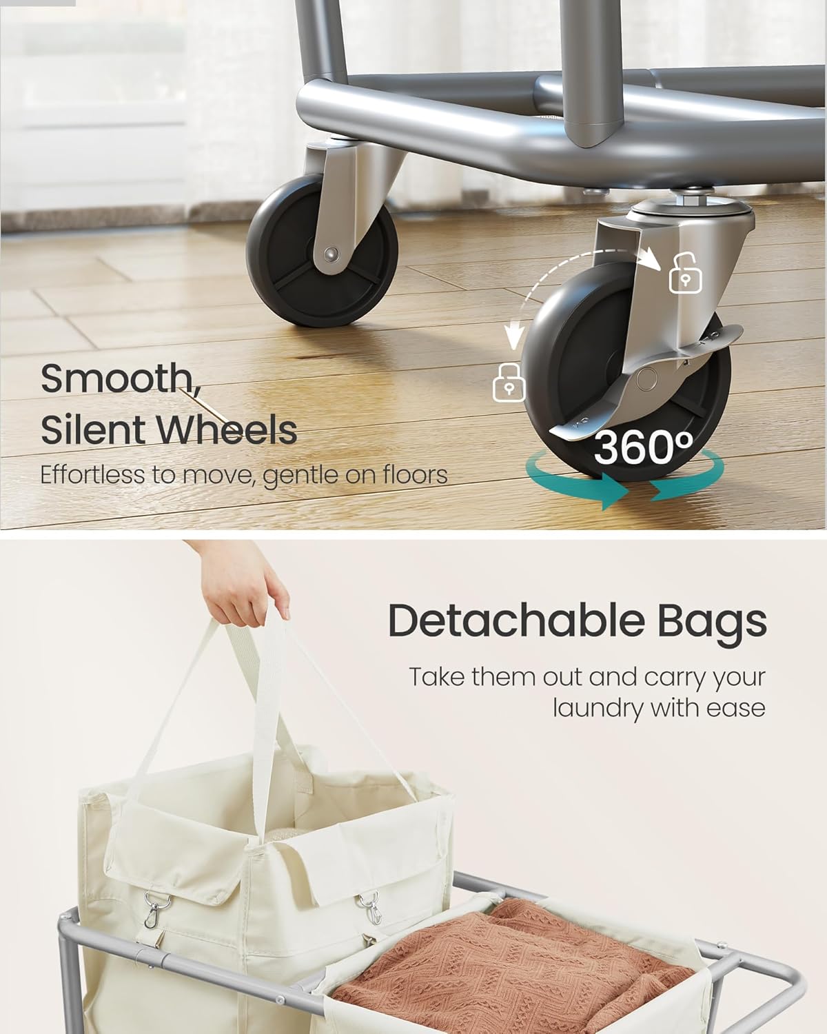 SONGMICS Laundry Basket with Wheels, 50.2 Gallons (190 L), 2-Section Rolling Laundry Hamper with Removable Bags, Heavy-Duty Steel Frame with Handle, Cream White URLS009W01