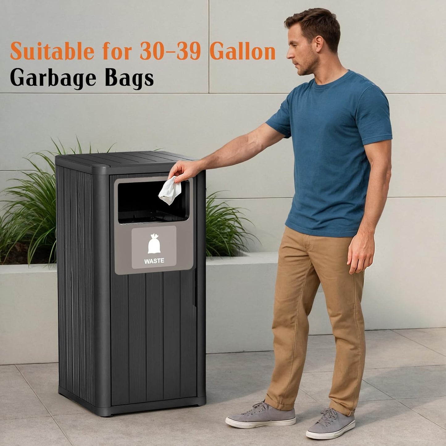 Outdoor Single Barrel Trash Can,Waterproof Resin Garbage Can with Garbage Labels,Durable Waste Bin for Porch, Backyard,Kitchen,for 30 to 39 Gallon Trash Bags