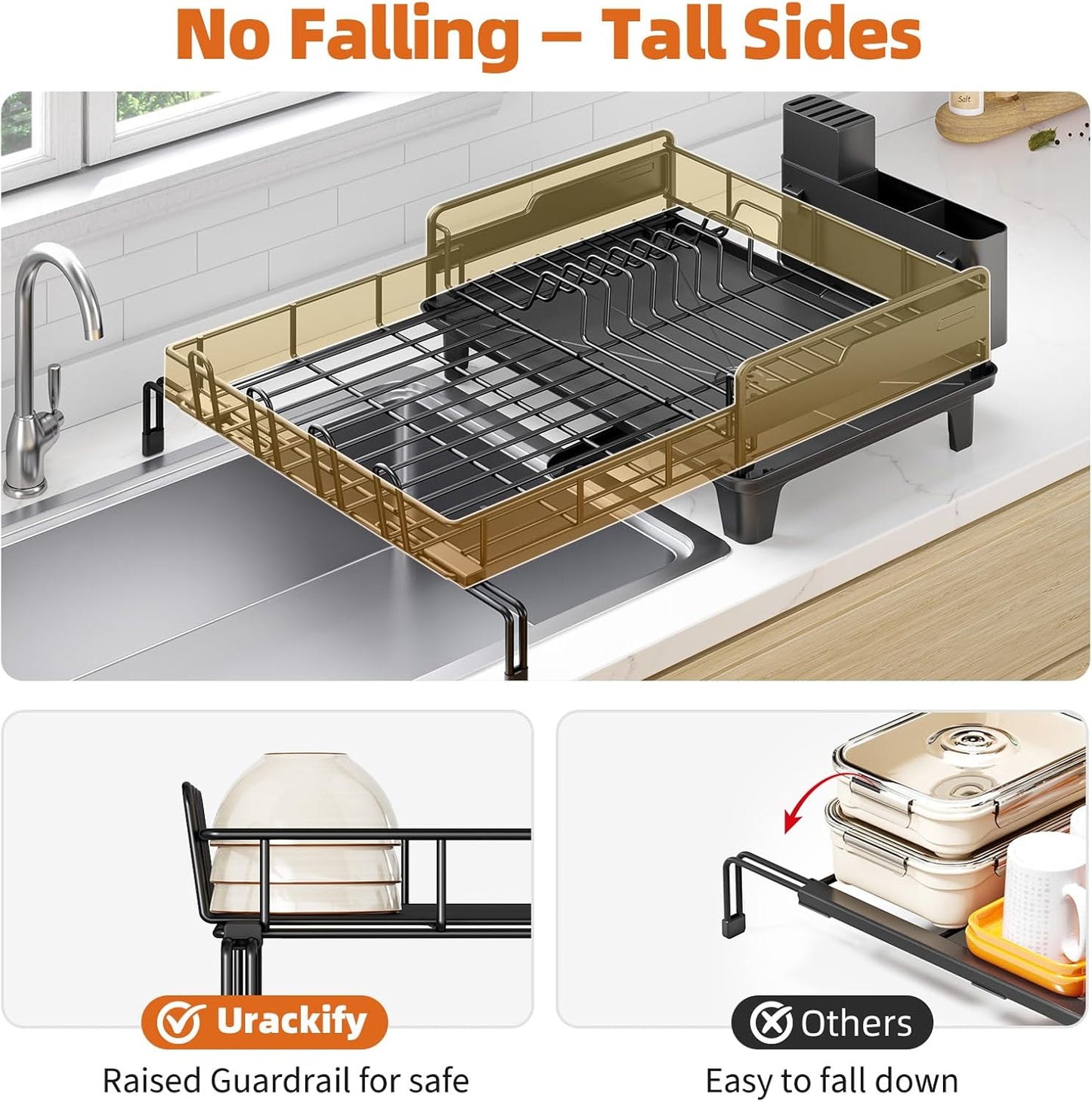 Dish Drying Rack - Extendable Dish Drainer, Large Dish Rack for Kitchen Counter, Rustproof Dish Strainer with Utensil Holder and Cups Holder, 1 Tier Black