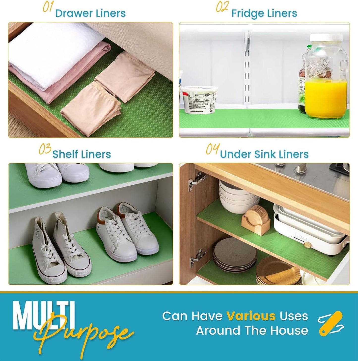 Refrigerator Liners for Shelves by Linda’s Essentials - Easy to Clean Fridge Liner with Spill Protection Fridge Shelf Liners & Drawer Liner, Nonslip BPA-Free Refrigerator Mats (Green Roll)