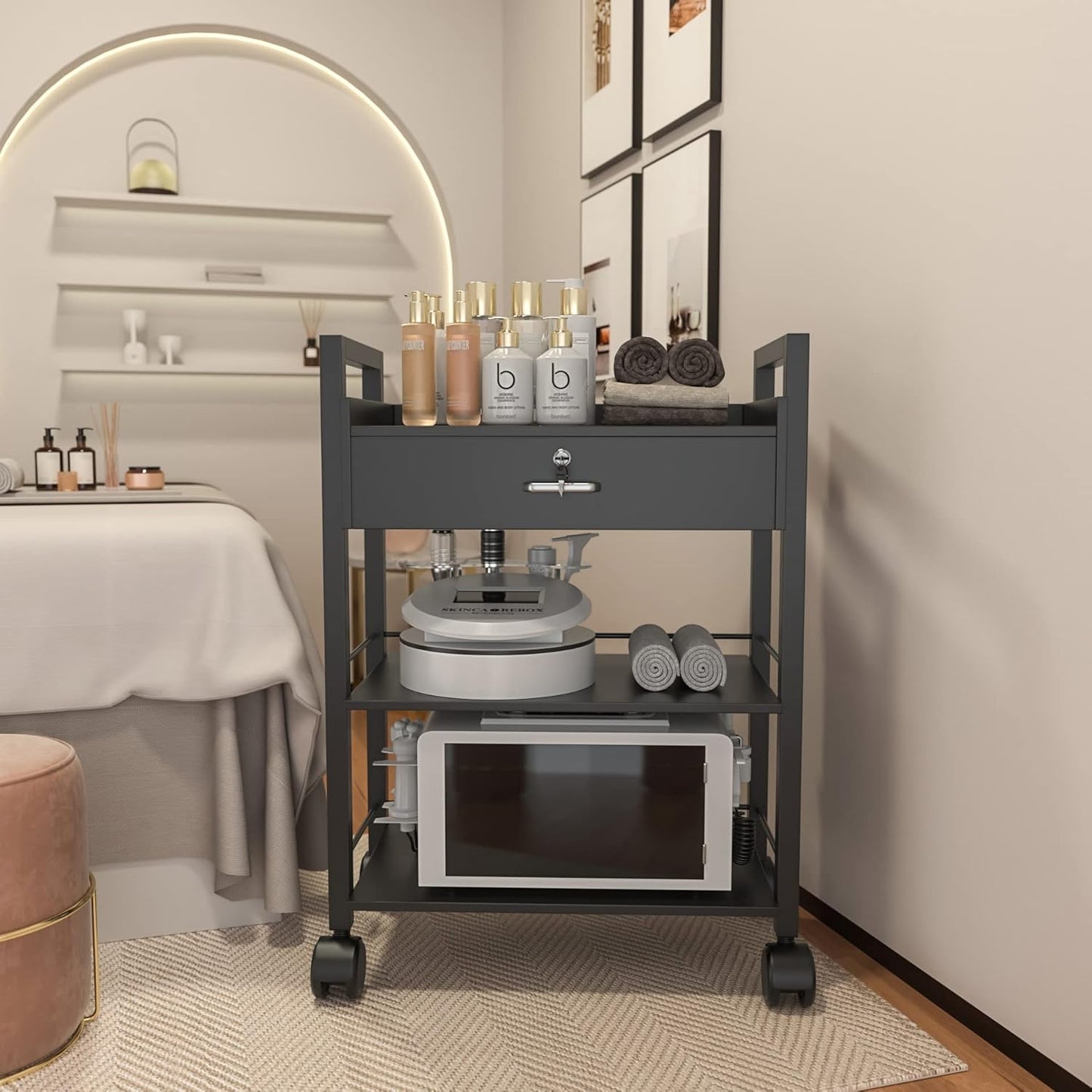 Paddie Salon Trolley Cart, Salon Tray Wooden Mobile Utility Cabinet with 1 Drawer 2 Trays, Rolling Storage Station Medical Esthetic Supply Holder for Beauty Spa (1 Drawer, Black)