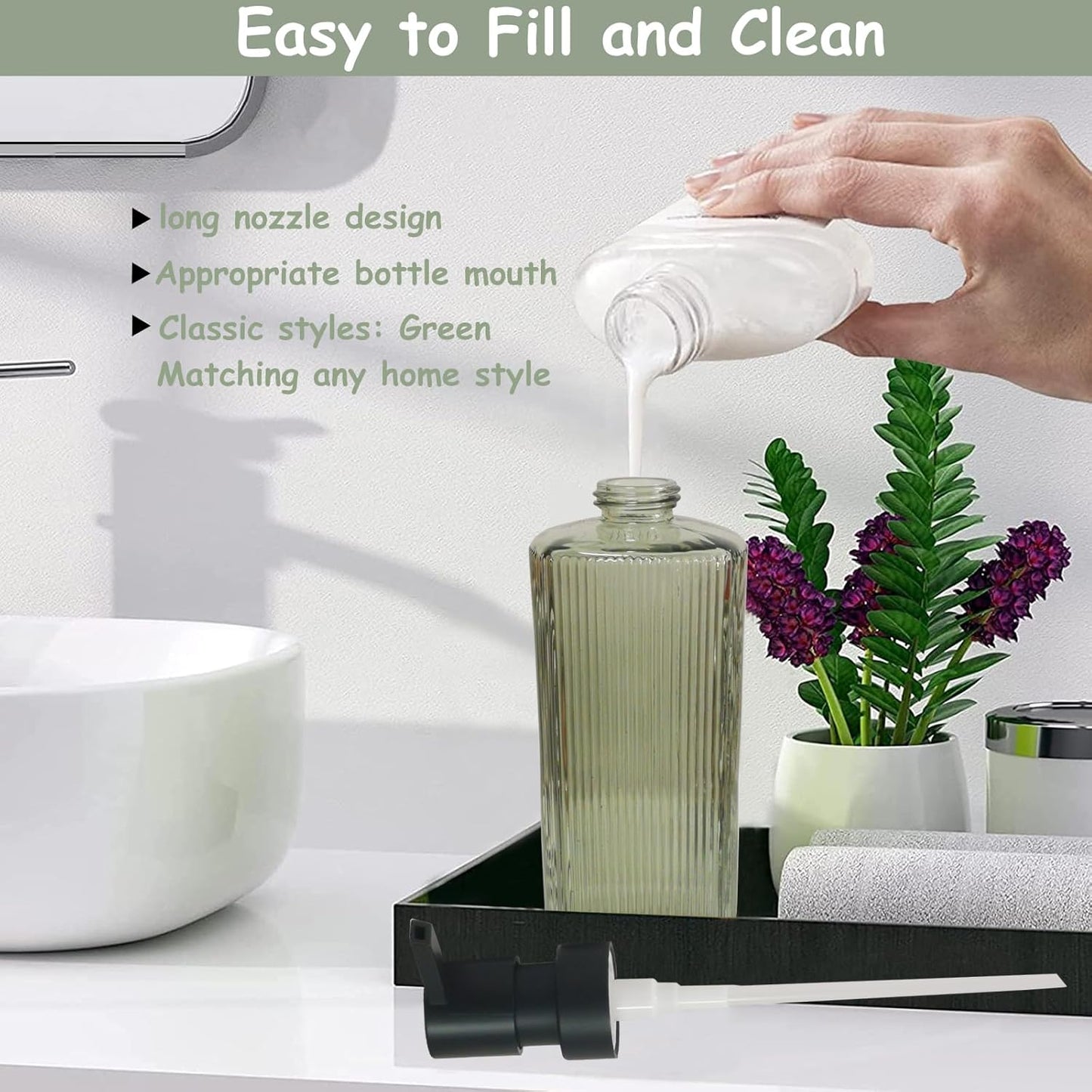 Green Glass Soap Dispenser with Black Pump, 12oz Refillable Liquid Hand Dispenser, Lotion Dish Soap Dispenser for Modern Home Decor, Bathroom, Kitchen Countertop, Hotel
