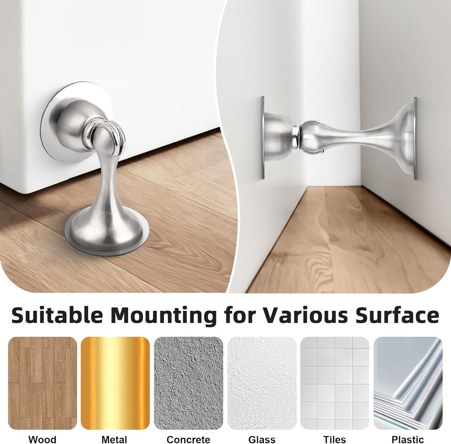 Probrico Brushed Nickel Magnetic Door Stoppers for Bottom of Door, Stainless Steel Magnet Door Catch Door Stops to Keep Door Open, Heavy Duty Door Holder, Wall and Floor Mounting, 4 Pack