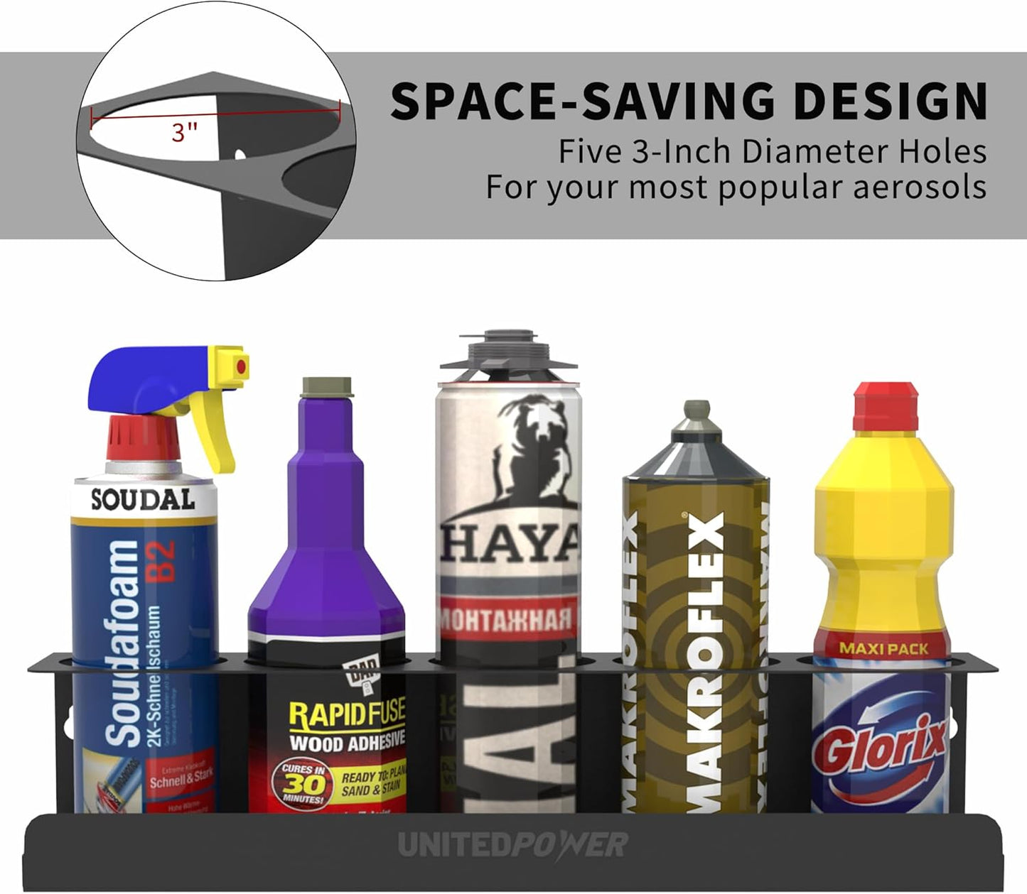 UNITEDPOWER 5 Aerosol Spray Can Holder, Paint Bottle Storage Rack, Steel Wall Mount Shelf, Tool Organizer for Garage, Craft Workspace and Home