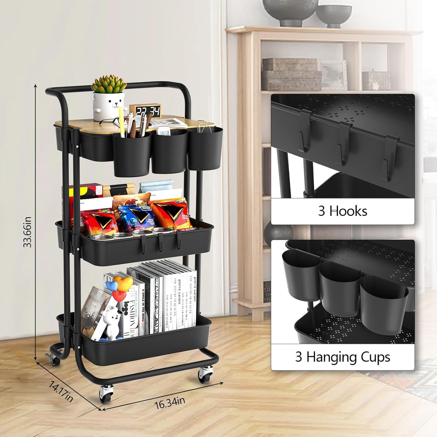 3 Tier Rolling Cart with Metal Handle, Table Top, Hanging Cups, Hooks, Plastic Storage Baskets& Wheels Lockable, Utility Cart for Bathroom Classroom Office Kitchen Pantry Organizers and Storage, Black