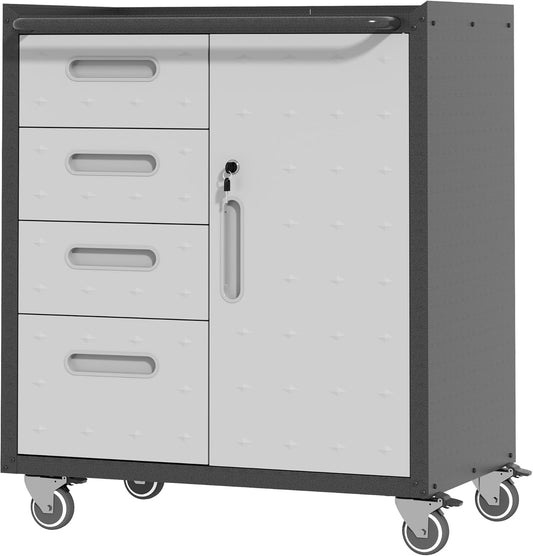 Metal Storage Cabinet with Wheels, Rolling Tool Cabinet with Adjustable Shelve, Locking Garage Storage Cabinet with 4 Drawer and 1 Door for Tools, Assembly Required (Black/Grey)