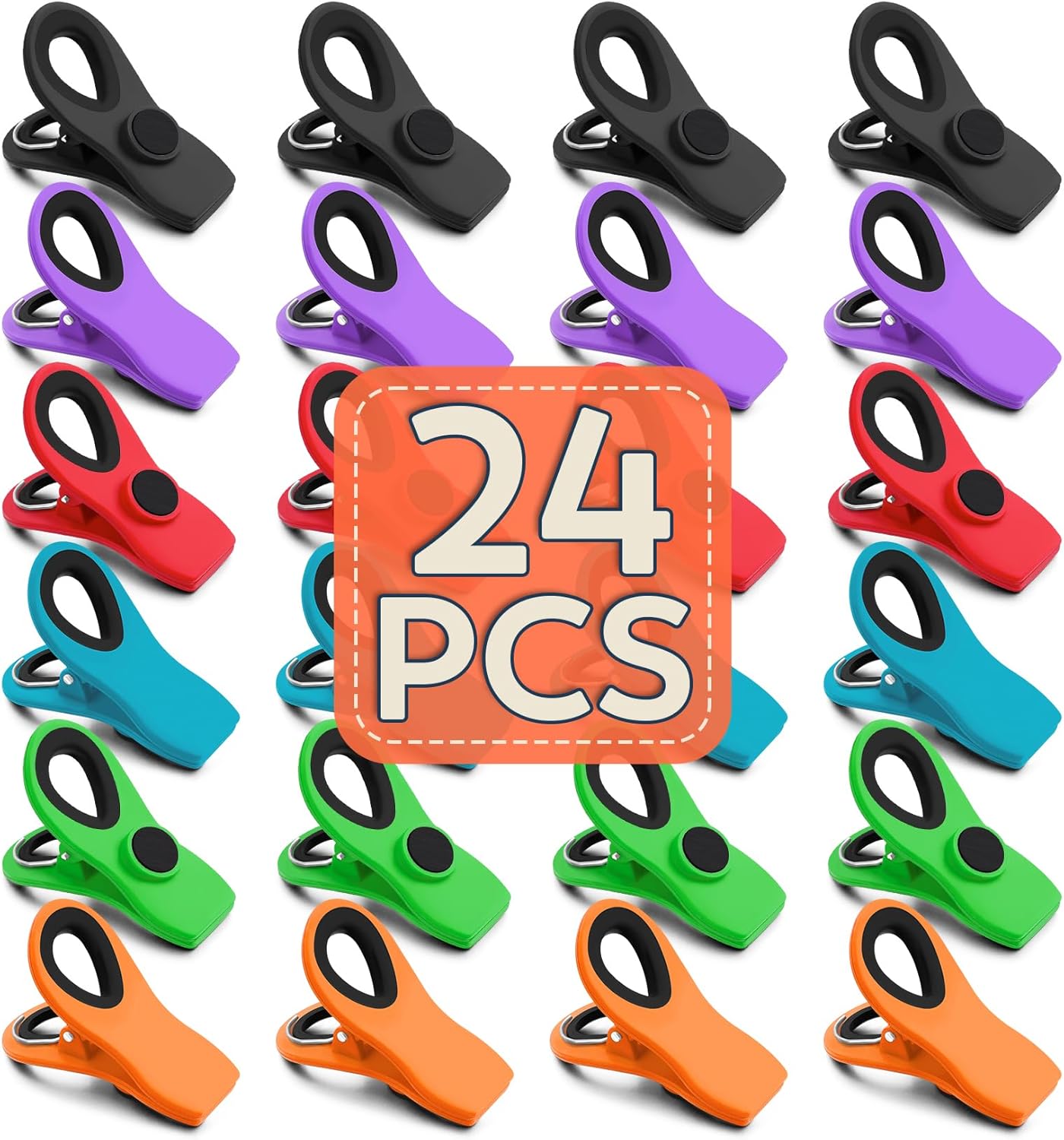 FINDMAG 24 Pack Magnetic Chip Clips for Food Storage, Assorted Color Plastic Clips with Magnet for Kitchen, Refrigerator, Snack Bags, and Sealing Packages