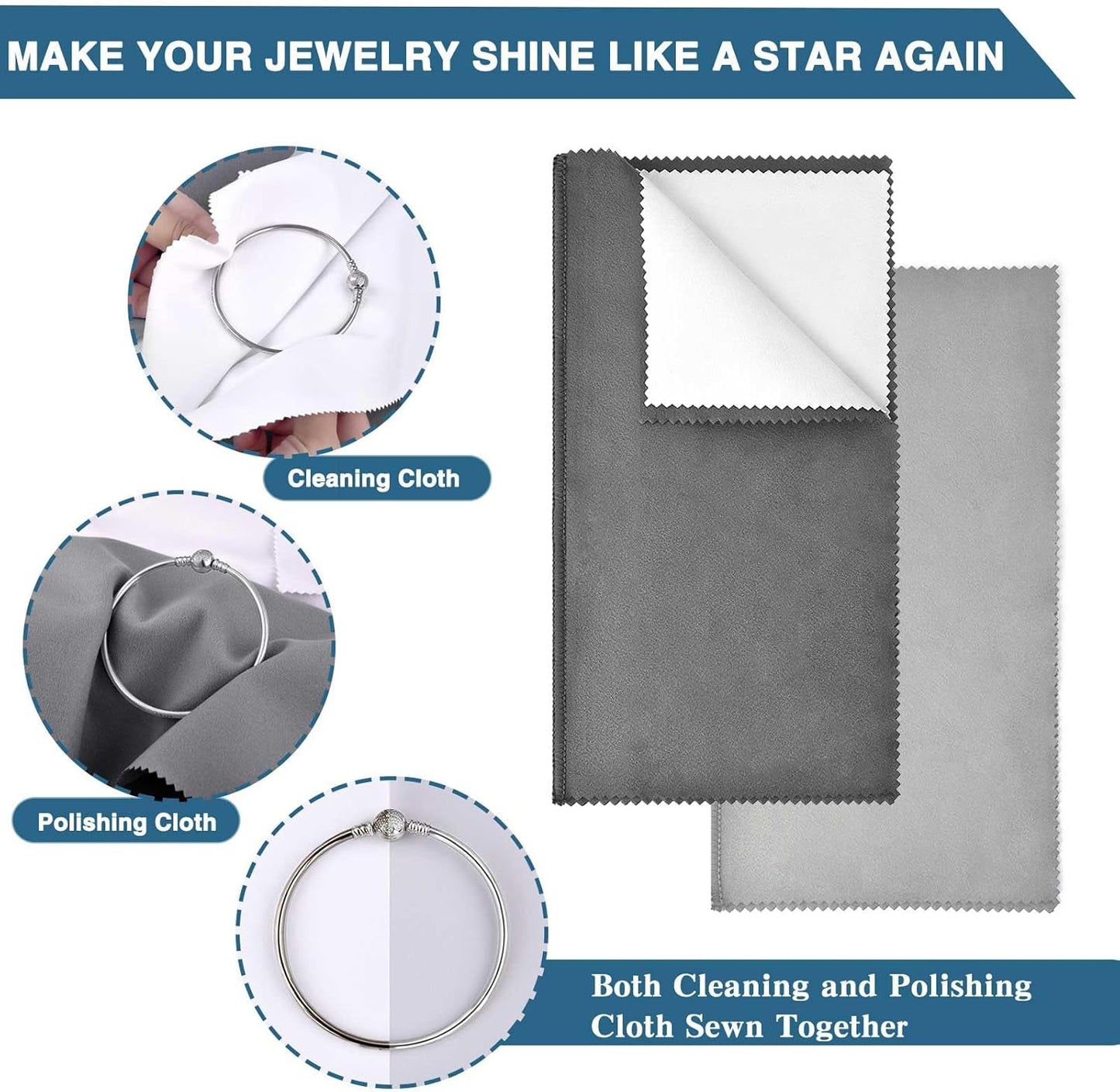 SEVENWELL Silver Polishing Cloth, Jewelry Cleaner Cloth for Sterling Silver Jewelry, Gold, Platinum, Silverware, Diamonds, Gemstones, Coins (2pcs Dark Gray and 2pcs Light Gray (Small))