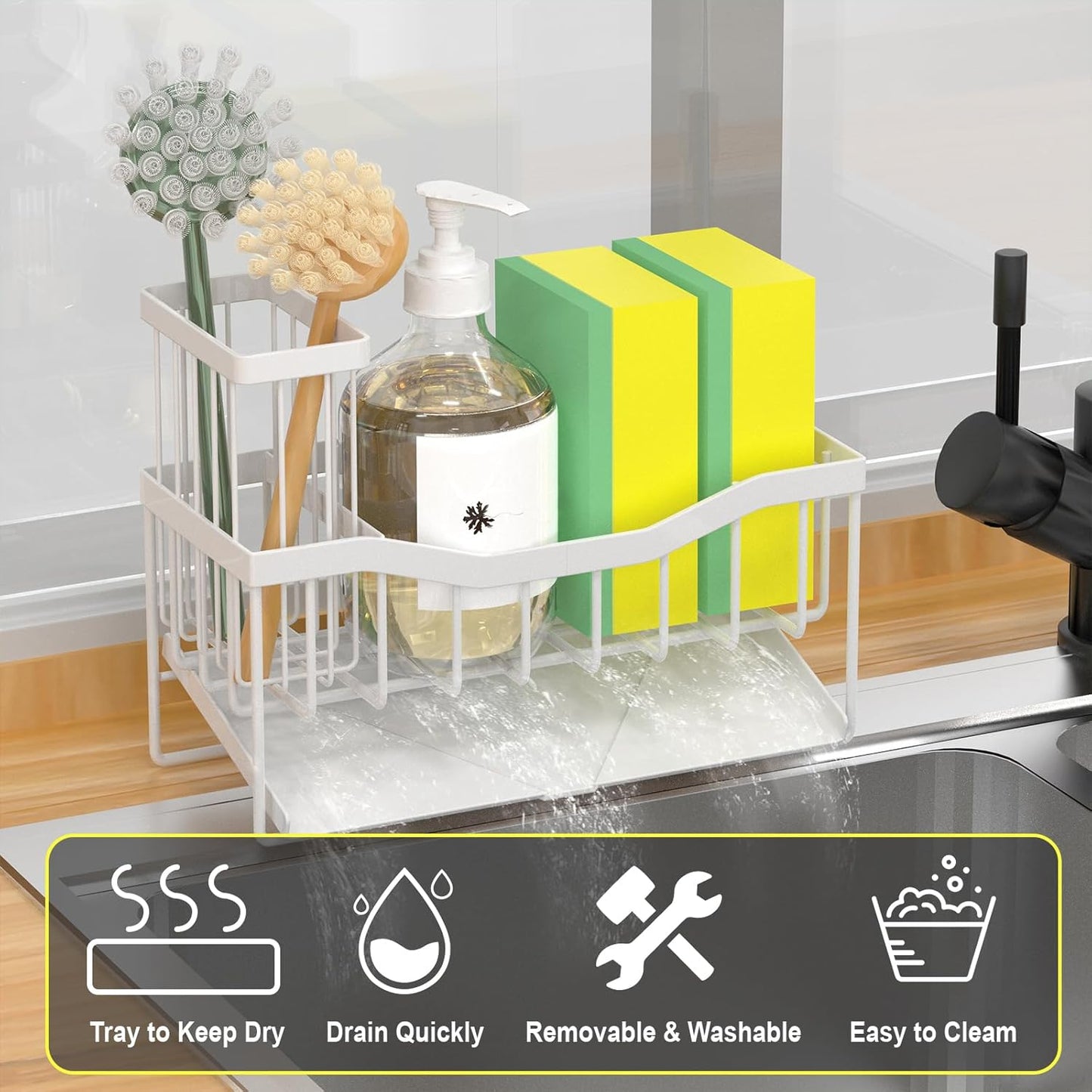 Maifan Sink Caddy Sponge Holder for Kitchen with Brush Holder and Stainless Steel Self Drain Tray, Rustproof Kitchen Sink Organizer for Sponge, Soap Dispenser Storage Accessories