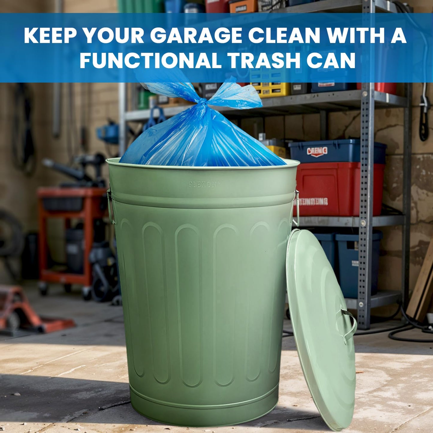 Plexon Round Trash Can 13 Gallon, Vintage Metal Outdoor Trash Can with Lid, Retro Farmhouse Garbage Container, Old School Modern Ash Bucket, Green 2 Pack