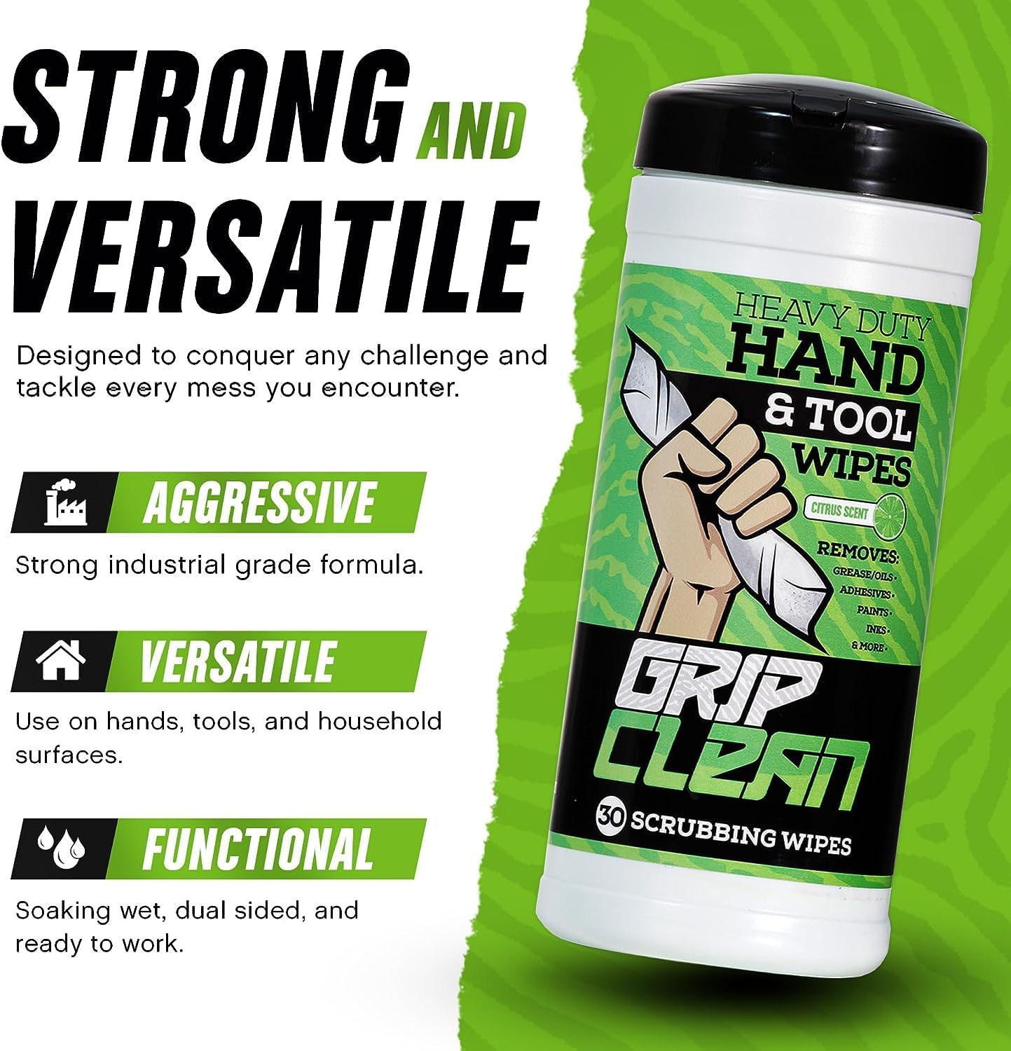 Grip Clean Heavy Duty Hand & Tool Cleaning Wipes – Waterless Hand Cleaner for Mechanics, Garage & Shop Use – Dual-Sided Grease, Oil & Paint Remover Wipes with Citrus Scent - 72ct