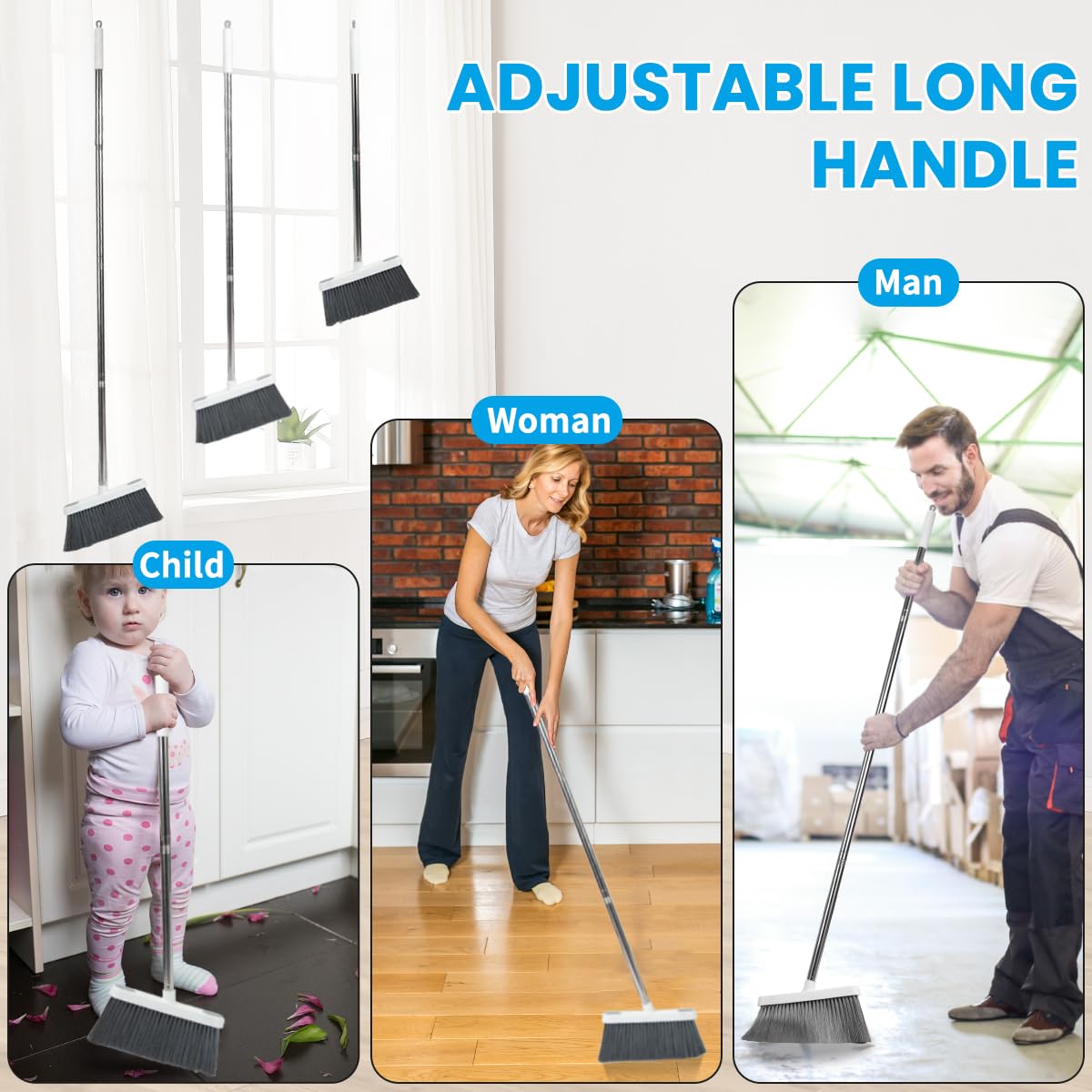 Stand Up Dustpan and Broom Set 50” Long Handle Broom with Dust Pan, 20° Angled for Ergonomic Home
