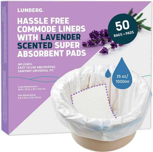 Lunderg Commode Liners with Absorbent Pads - Lavender Scent Medical Grade 50 Count Universal Fit - Disposable Bedside Commode Liners and Pads for Adult Chairs, Portable Buckets & Camping Toilet Bags