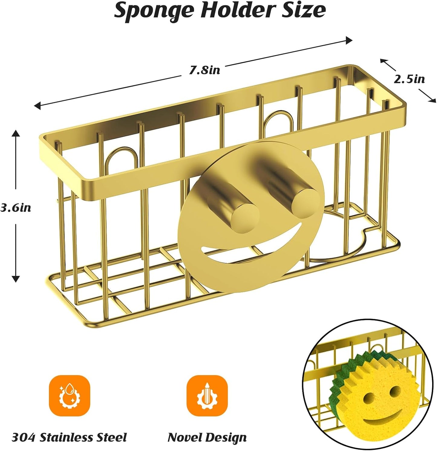 Sponge Holder Smiley Face,Sink Caddy,Sink Organizer with 2 Suction Cups/1 Adhesive Strips,Designed for Sponge,Soap,Dish Brush,Scrubber-Gold