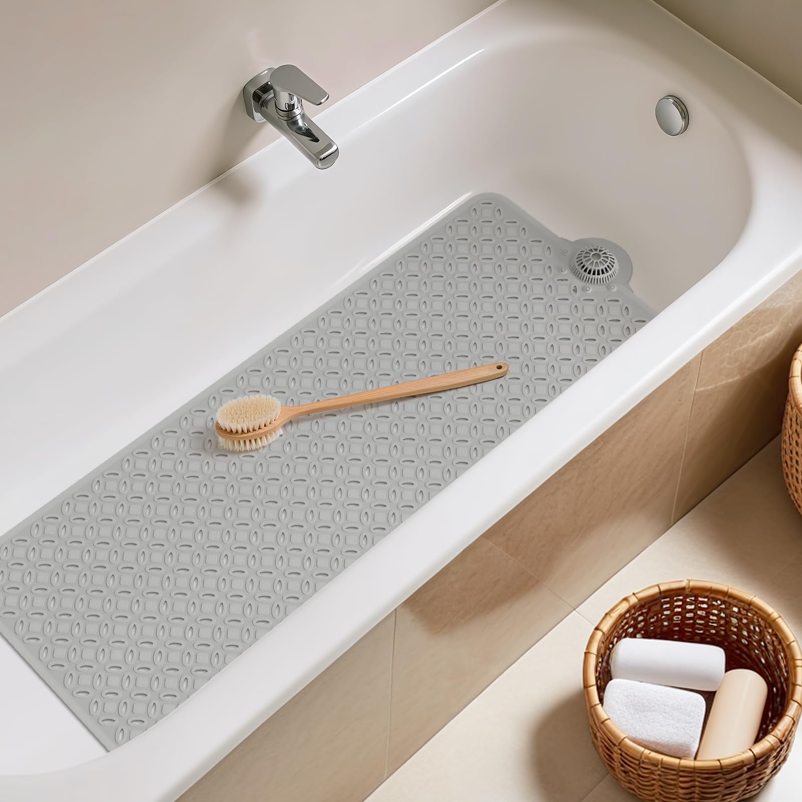 OTHWAY Bath Mat for Tub Non Slip: 39" X 17" Long Bathtub Mat with Hair Catcher│Big Drain Holes