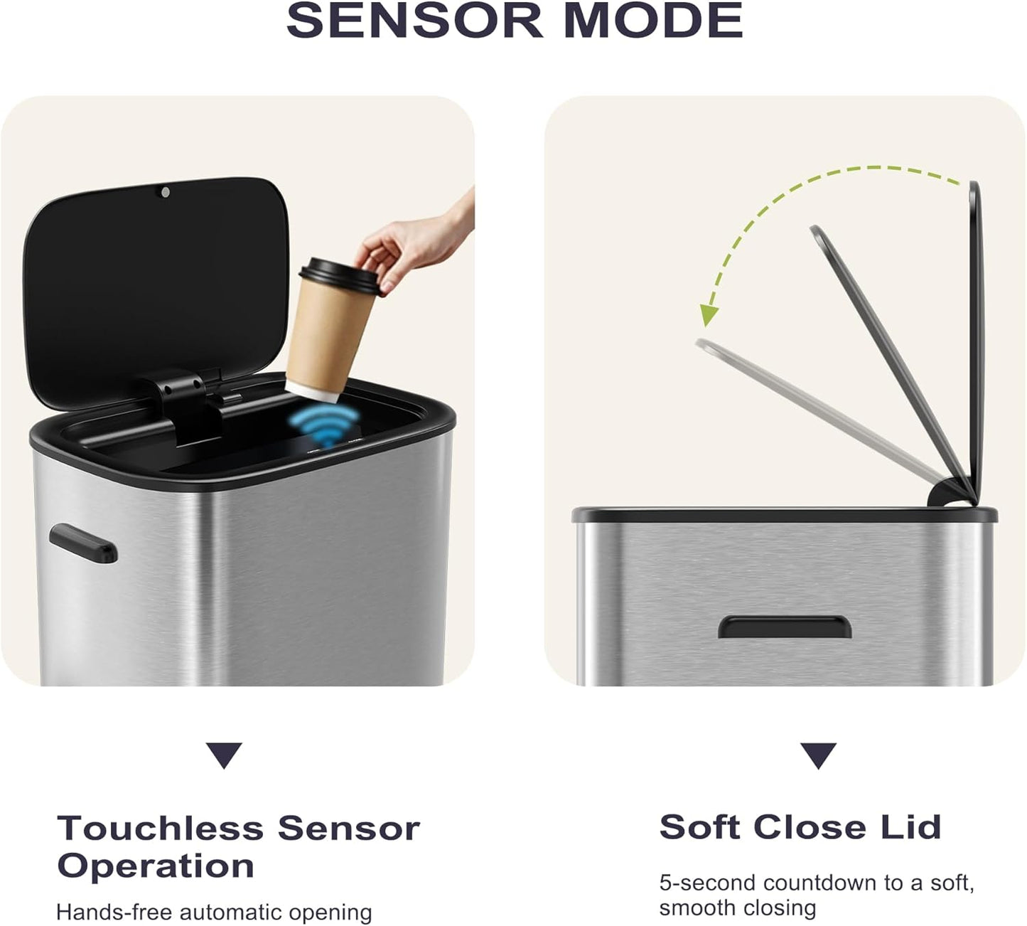 16 Gallon Kitchen Trash Can with Lid, 60L Touchless Motion Sensor Trash Can, Waterproof Brushed Stainless Steel Trash Bin, Automatic Garbage Can for Bedroom, Bathroom, Office, Living Room