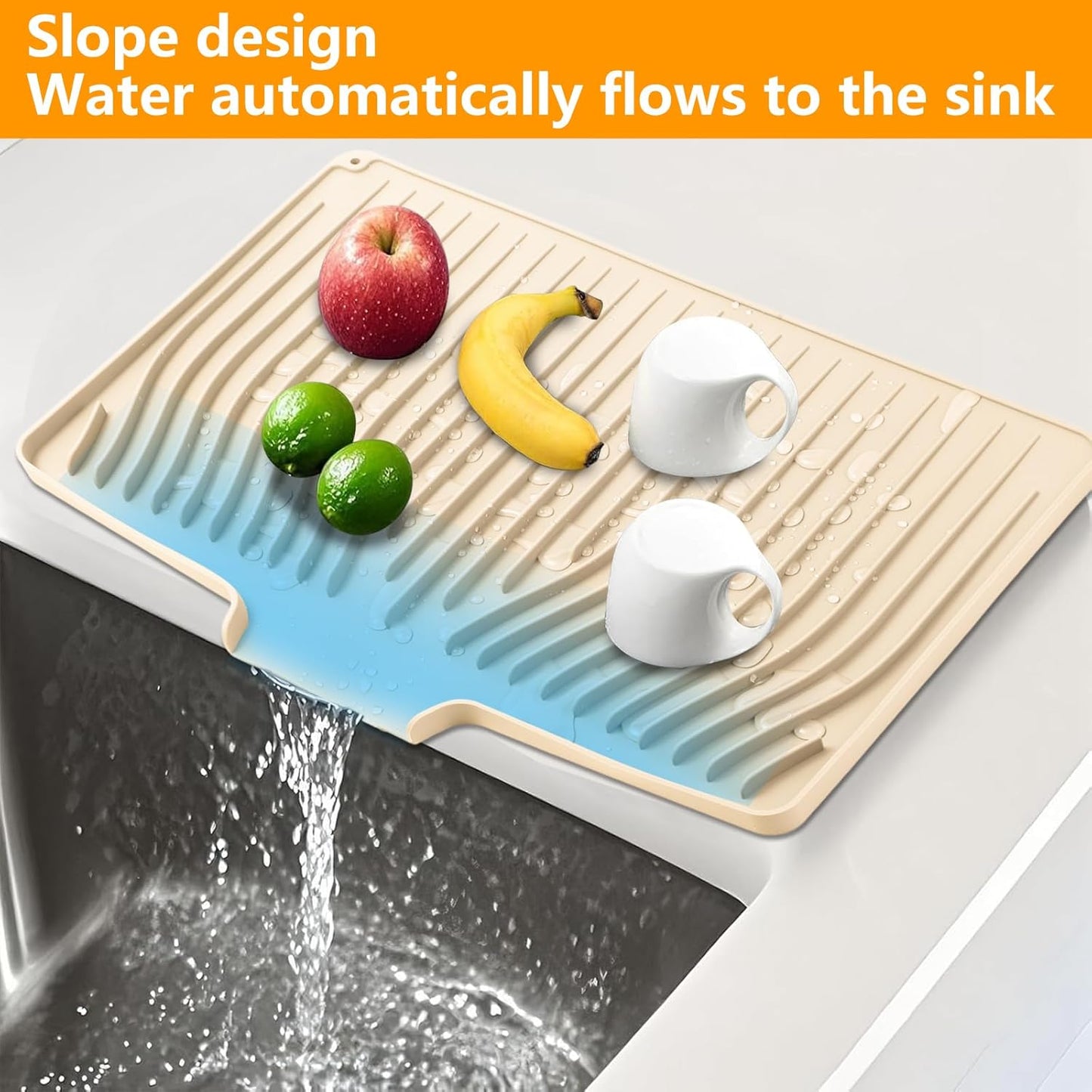 Silicone Dish Drying Mat for Kitchen Counter, Dish Drainer Mat, Non-Slip Drying Pad with Built-in Drain, Kitchen Drying Matt For Counter(18.9" x 11.8", Orange)