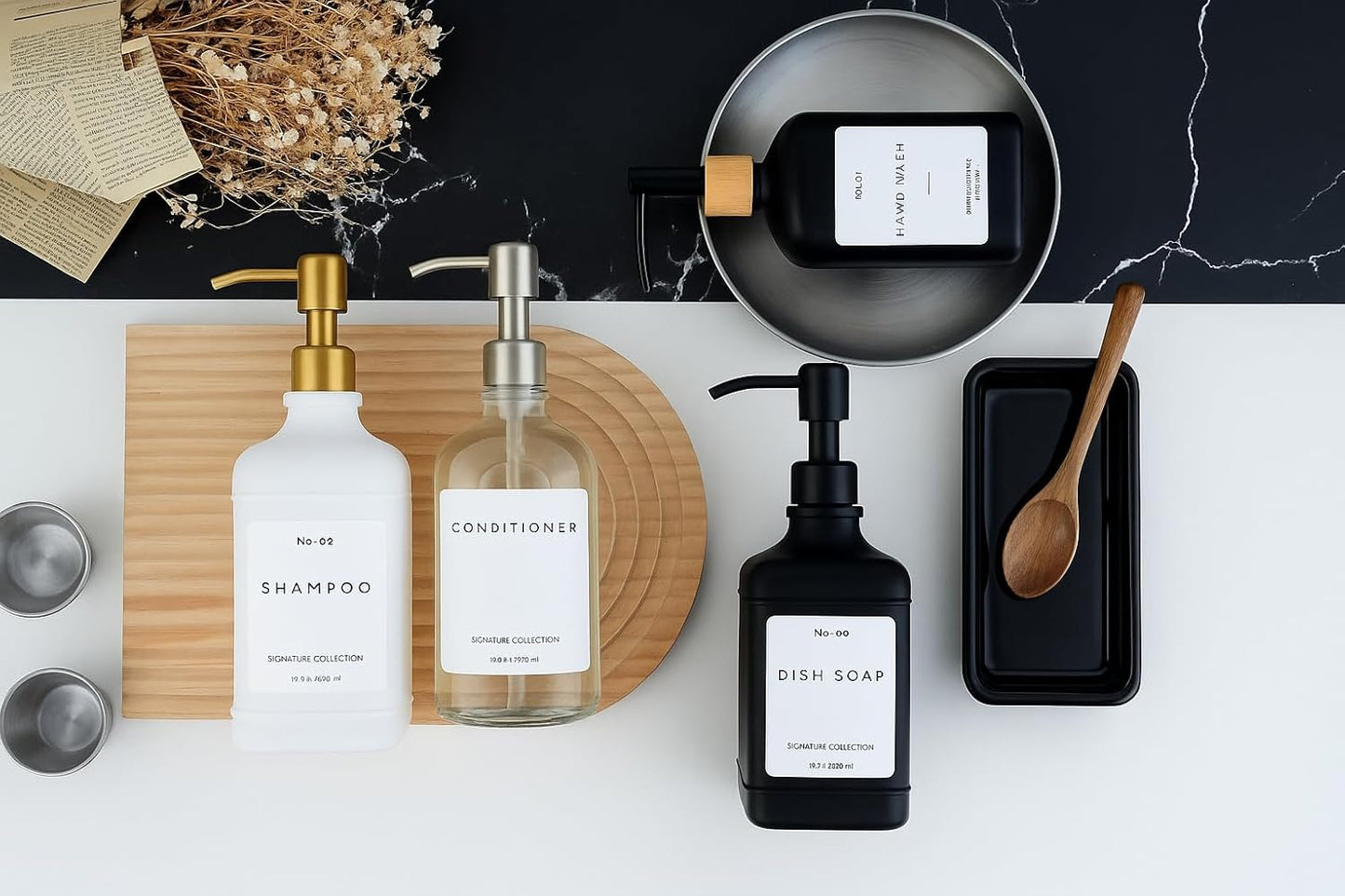 Emerson Essentials Soap Dispenser, Dish Soap Dispenser, Farmhouse Bottles, Hand Soap Dispenser, Kitchen Soap Dispenser Set - Glass Soap Dispenser with Pump and Labels, 16 Oz, 2 Pack