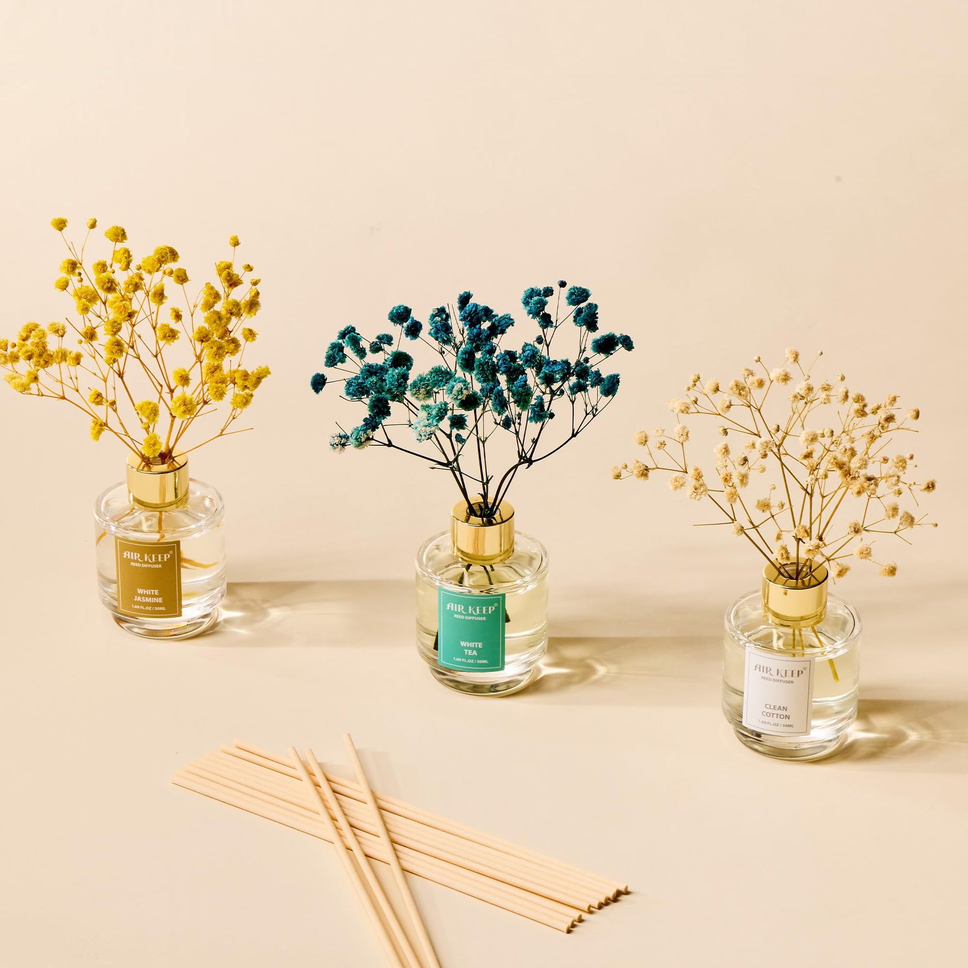 Airkeep Reed Diffuser Set of 3,Clean Cotton White Jasmine White Tea Oil Reed Diffusers for Bedroom
