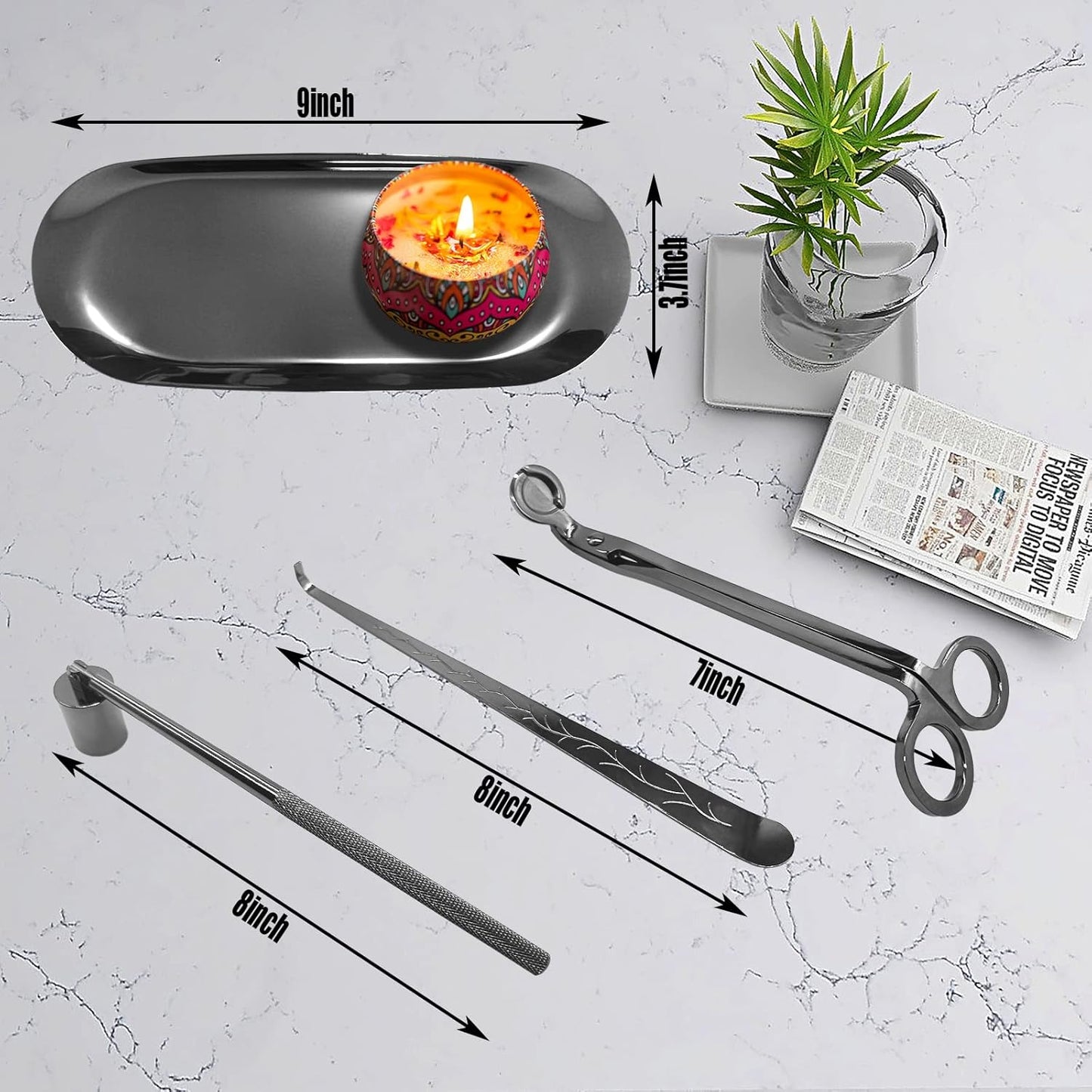 4 in1 Candle Accessory Set with Storage Tray Plate, Candle Wick Trimmer, Candle Wick Snuffer, Candle Wick Dipper, Storage Tray Plate, Great for Scented Candles Lovers (Silver Black)
