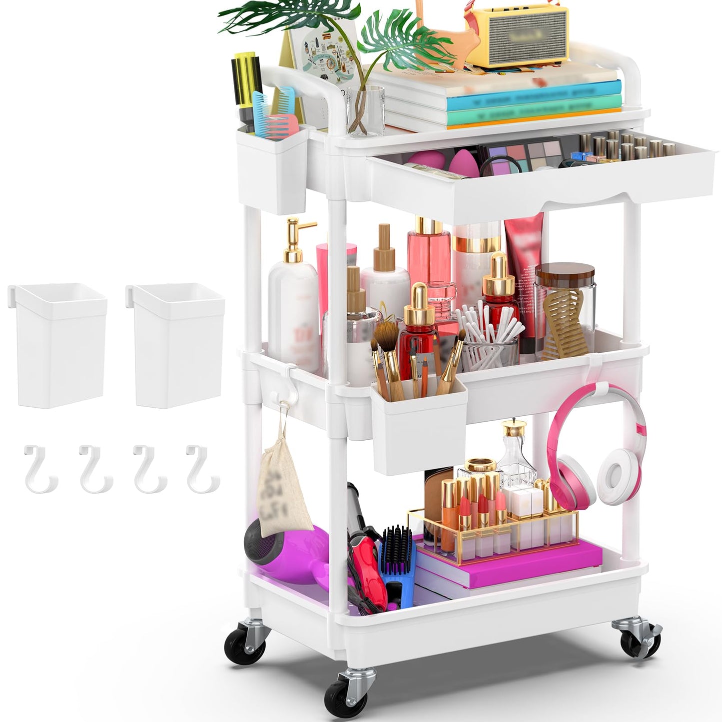 Goovilla 3 Tier Rolling Utility Cart Organizer with Removable Drawer, White