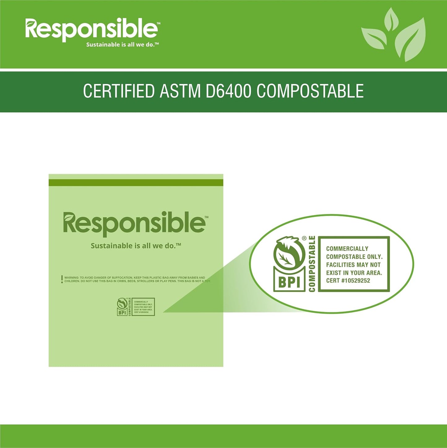 Responsible Products Kitchen Bin Liners, Certified Compostable, Heavy Duty Multipurpose Food Scrap Bags, Made from Compostable Materials (13 Gallon, 13 Gallon (120 Count))