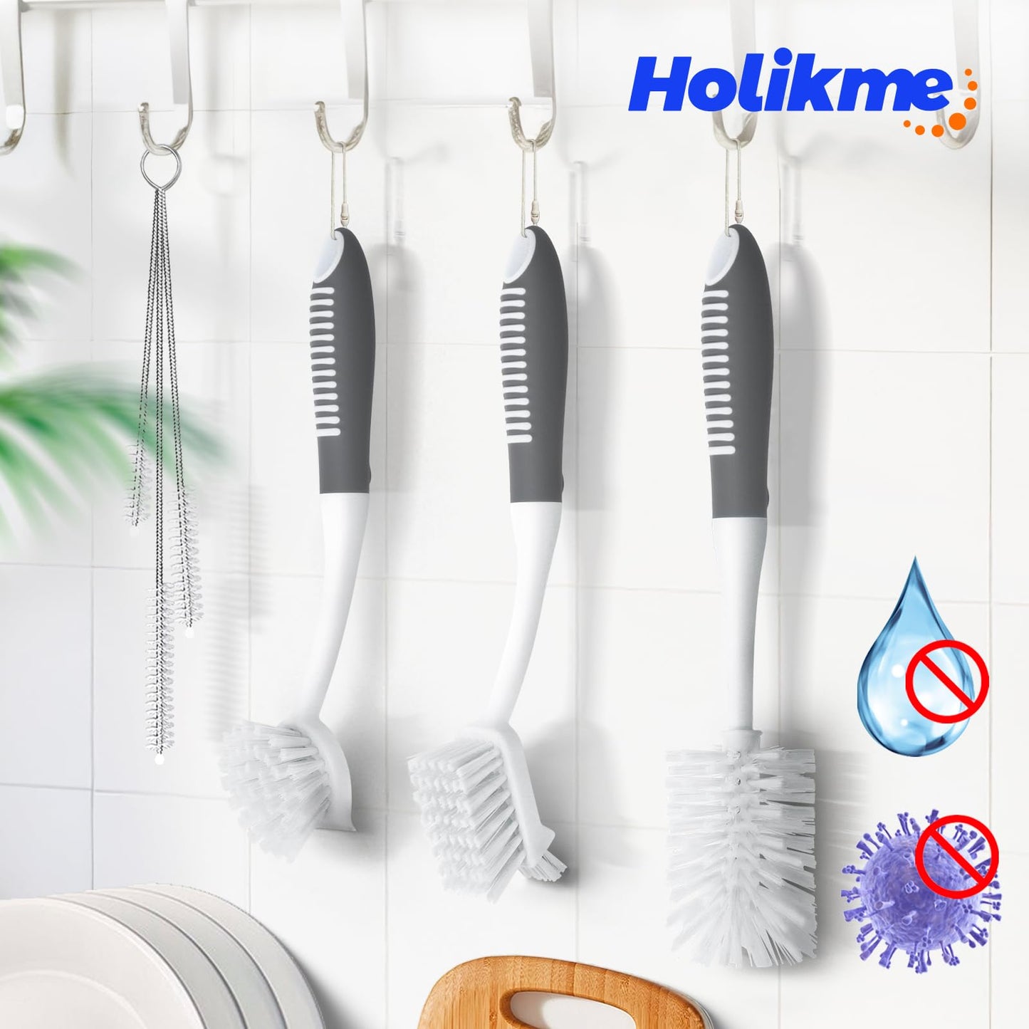 Holikme 6 Pack Dish Brush Set with Bottle Brush, Dish Scrub Brush,Gray