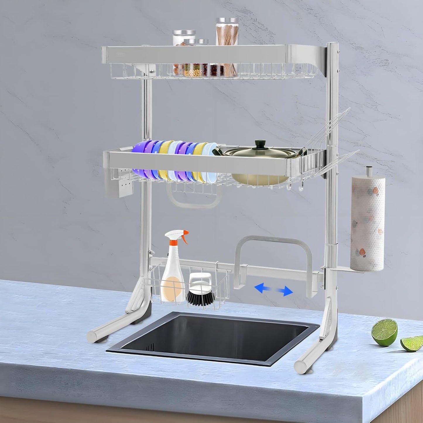 Over The Sink Dish Drying Rack, 2-Tier Stainless Steel Dish Drainer for Kitchen, Multifunctional Organizers, Chopstick Cage, Cup Holder, Cutting Board Holder, Knife Holder, 21''-33''Adjustable Length