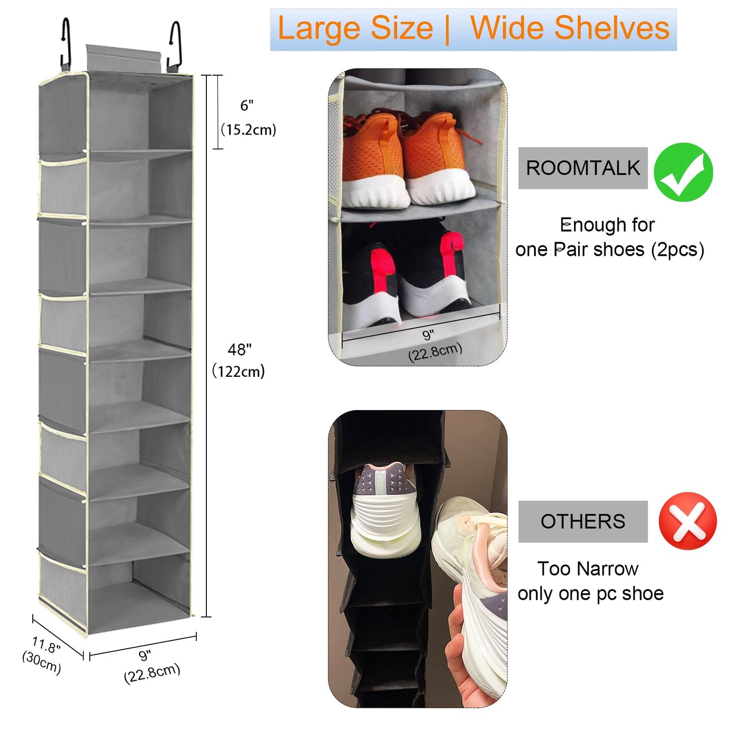 roomtalk Large-Sized Hanging Shoe Organizer 8-Shelf, Hanging Closet Organizer with 8 Side Pockets