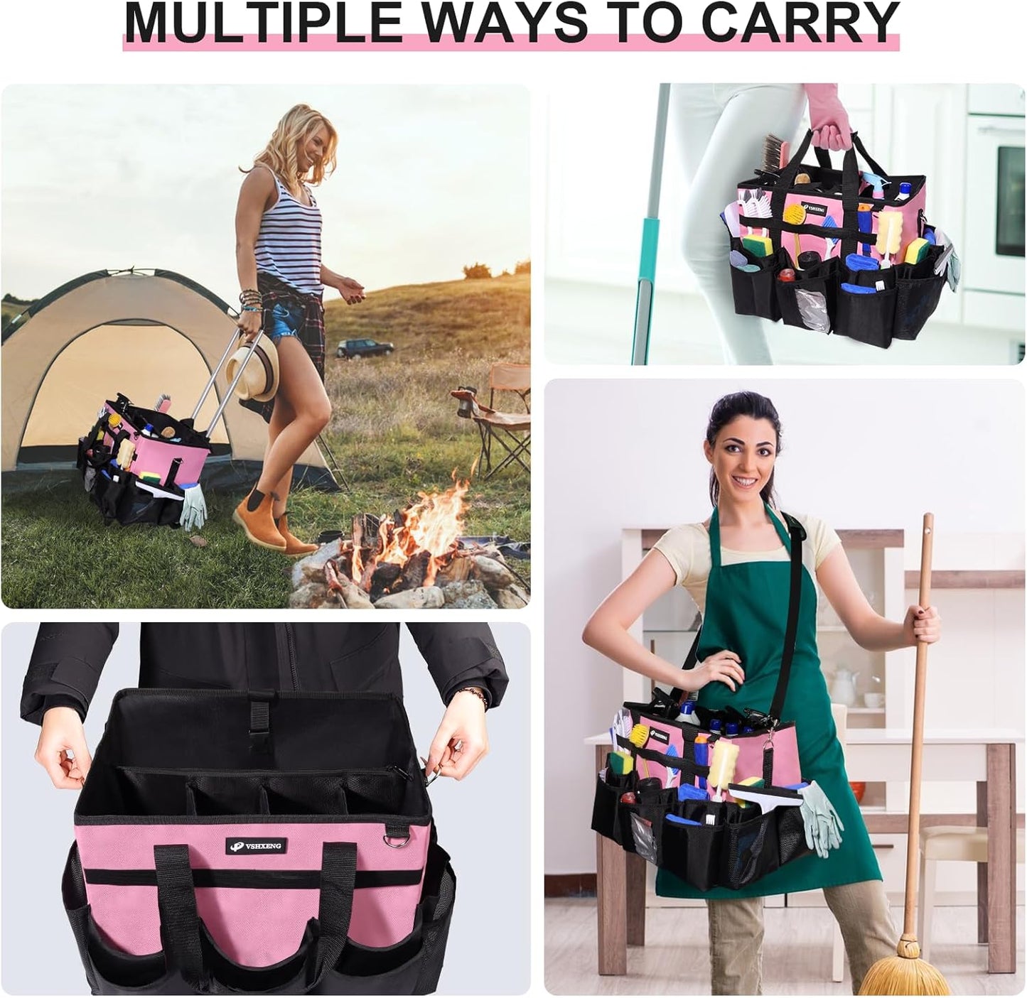 Large Rolling Cleaning Caddy Bag with Wheels, with Detachable Trolley, Cleaning Bags on Wheels for Housekeepers, Cleaning Cart Supplies Organizer for Home, Car, Picnic (Pink)