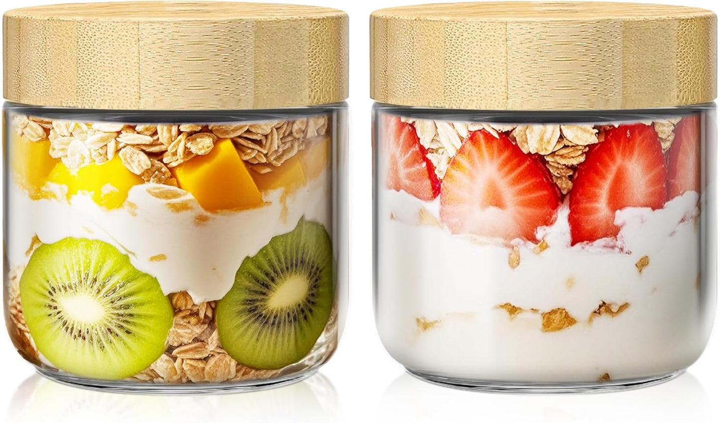 2 pack 10oz Overnight Oats Containers with Bamboo Lids, Glass Jars with Airtight Lids for Meal Prep, Wide Mouth Mason Salad Jars, Glass Food Storage Container for Yogurt Chia Snacks Spice Sugar