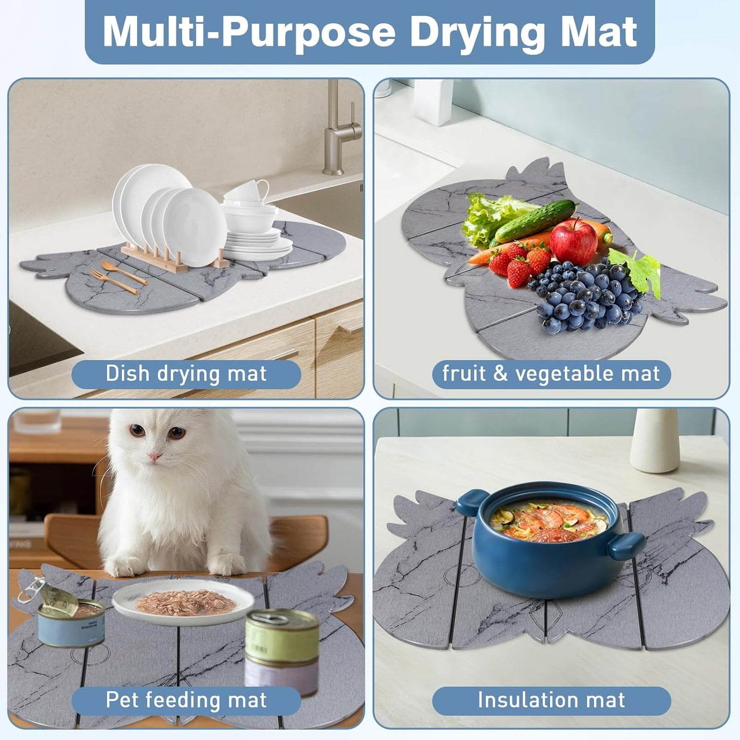 Large Stone Dish Drying Mat for Kitchen Counter,24"(L)×16"(W) Quick Dry Absorbent Diatomaceous Earth Dish Drying Mats,Owl Shape Design Drying Pads for Cups Dishes Bottles (Gray)