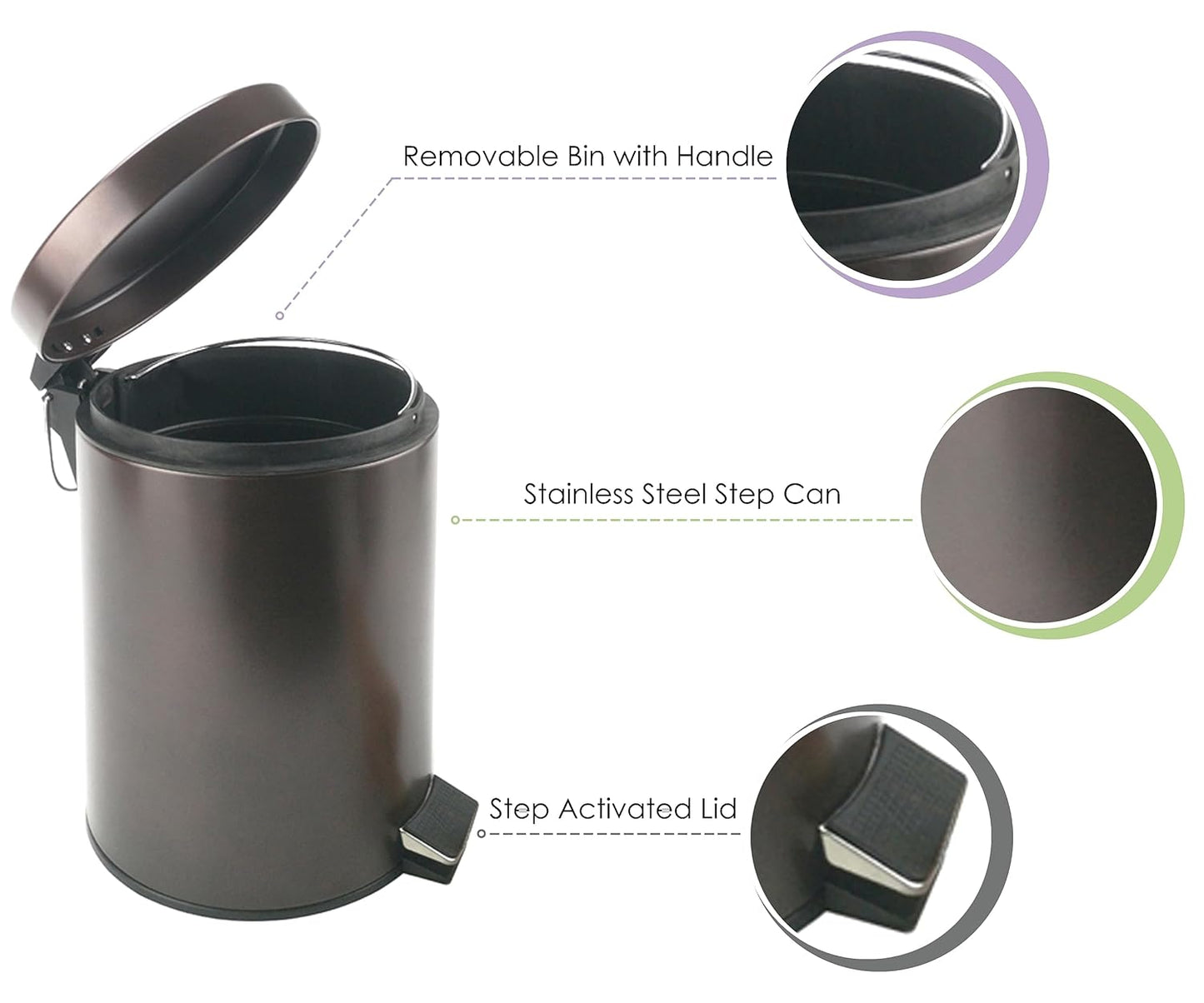 Stainless Steel Small Trash Can with Lid & Step Pedal - 5 Liters/1.3 Gallon Soft Close Waste Basket with Removeable Inner Bucket - Garbage Can for Bathroom, Bedroom, Kitchen & Office (Bronze)