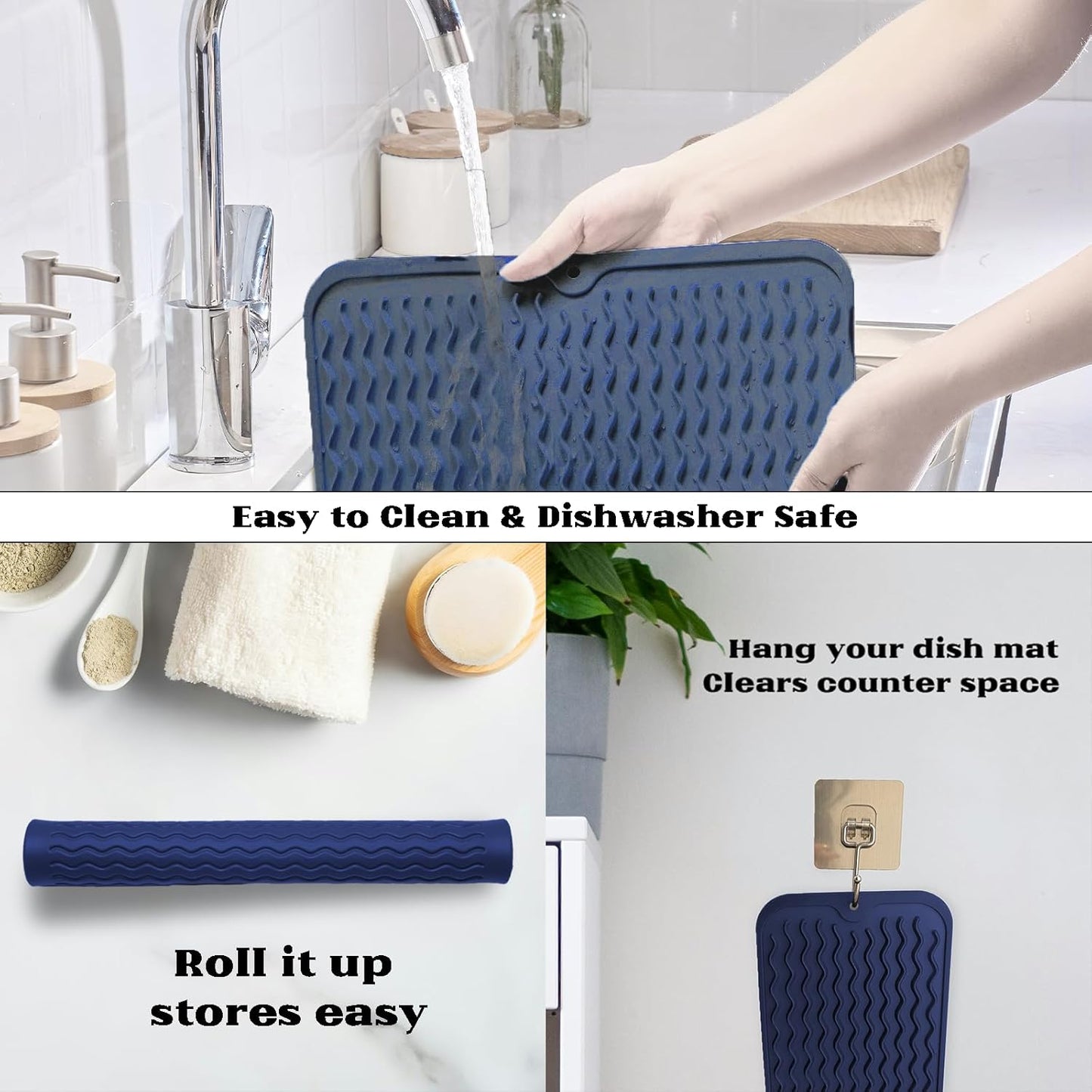 ZLR Silicone Dish Drying Mat for Kitchen Counter, Eco-Friendly Fast Dry Dish Mat, Easy Clean Multi Usage Drying Matt, Heat Resistant Trivet, 12" x 12" Middle, Midnight Blue
