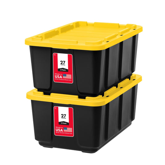 IRIS USA 2-Pack 27 Gal Heavy Duty Storage Tote Bins with Lids, Black/Yellow
