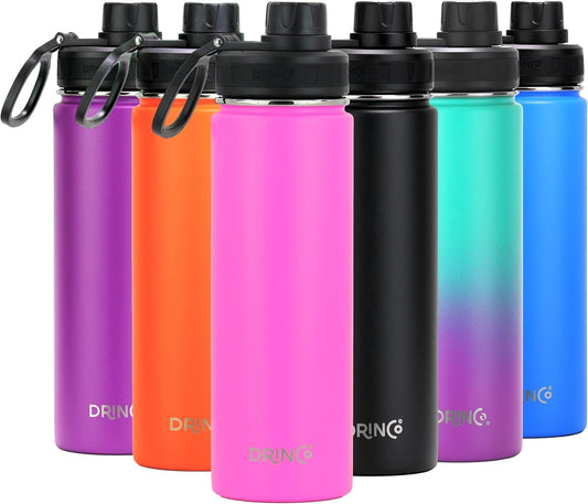 DRINCO Stainless Steel Water Bottle Spout Lid Vacuum Insulated Double Wall Water Bottle Wide Mouth (40oz 32oz 22oz 18oz 14oz) Leak Proof Keep Cold Sport Camping Hiking (22 oz, 22oz Island Pink)