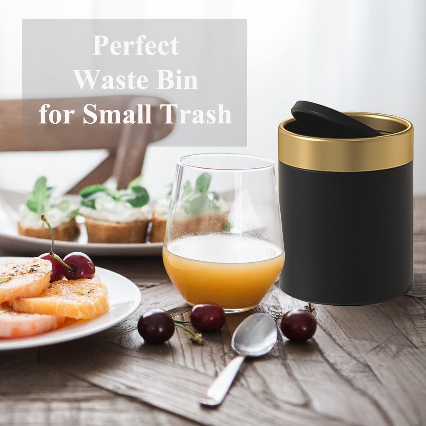 Mini Trash Can with Lid, Metal Small Tiny Mini Trash Bin Can, Mini Countertop Trash Cans for Desk Car Office Kitchen, Swing Top Trash Bin 1.5 L/0.40 Gal (Black)